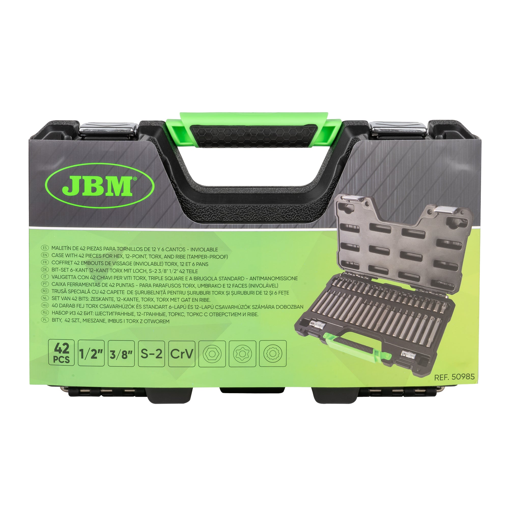VALIGETTA DI 42 PEZZI CON INSERTI ESAGONALI, A 12 CANTI E TORX INVIOLABILI 1/2" E 3/8" 50985 JBM