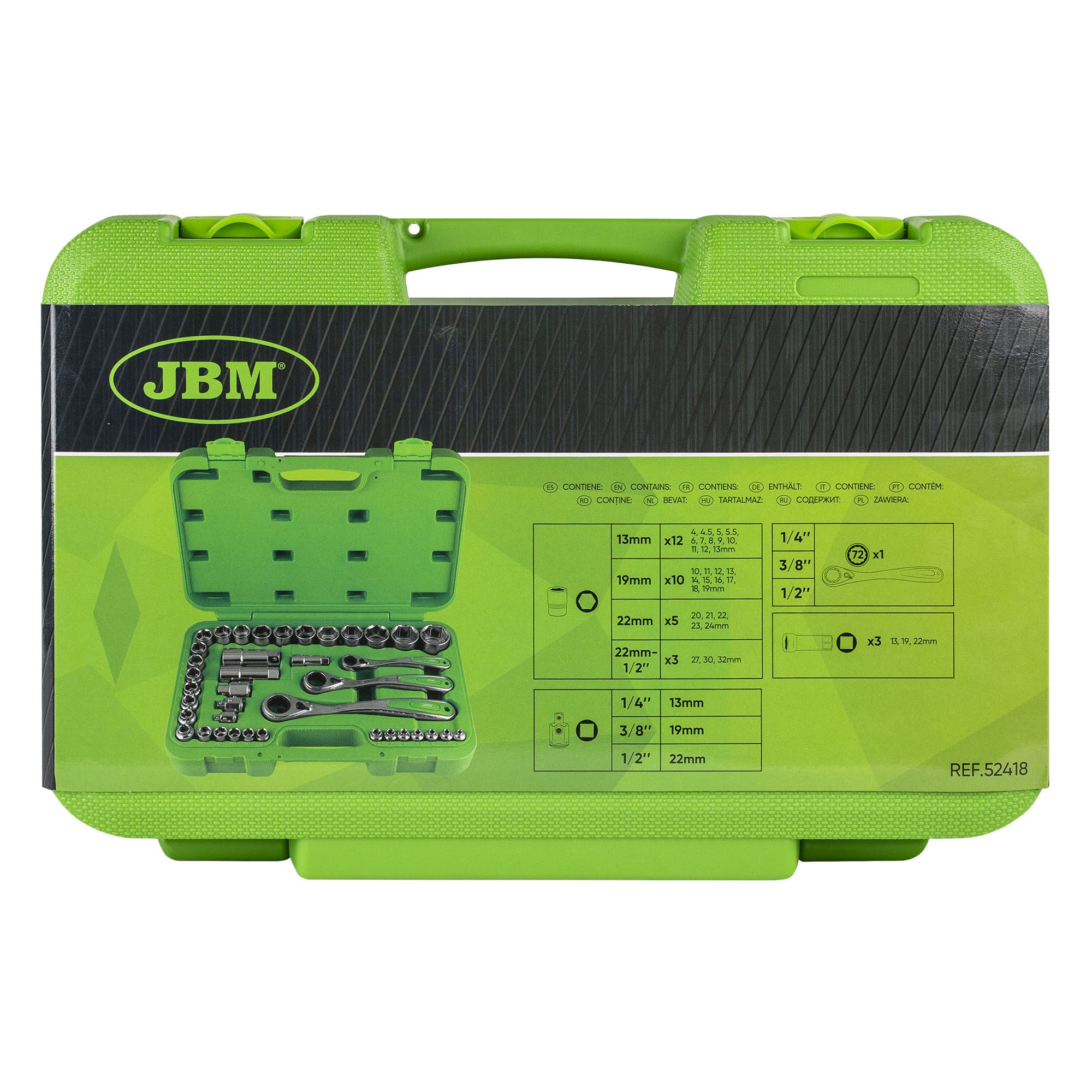 SET DI UTENSILI GO-THROUGH DA 39 PEZZI CON BUSSOLE DA 1/2", 1/4" E 3/2" – FINITURA CROMATA 52418 JBM