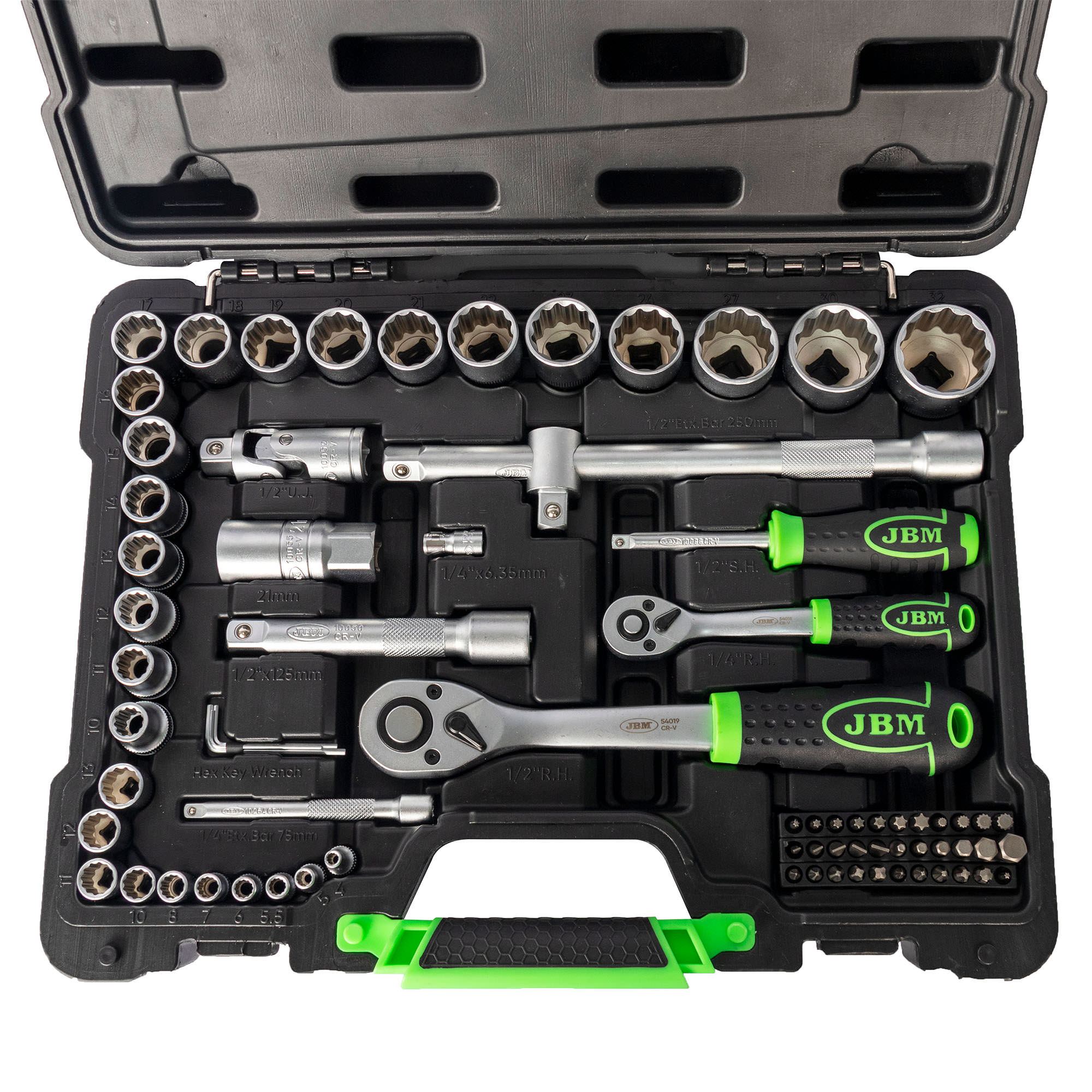SET DI UTENSILI DA 74 PEZZI CON BUSSOLE BI-ESAGONALI DA 1/2" E 1/4" – FINITURA ZINCATA 53074 JBM