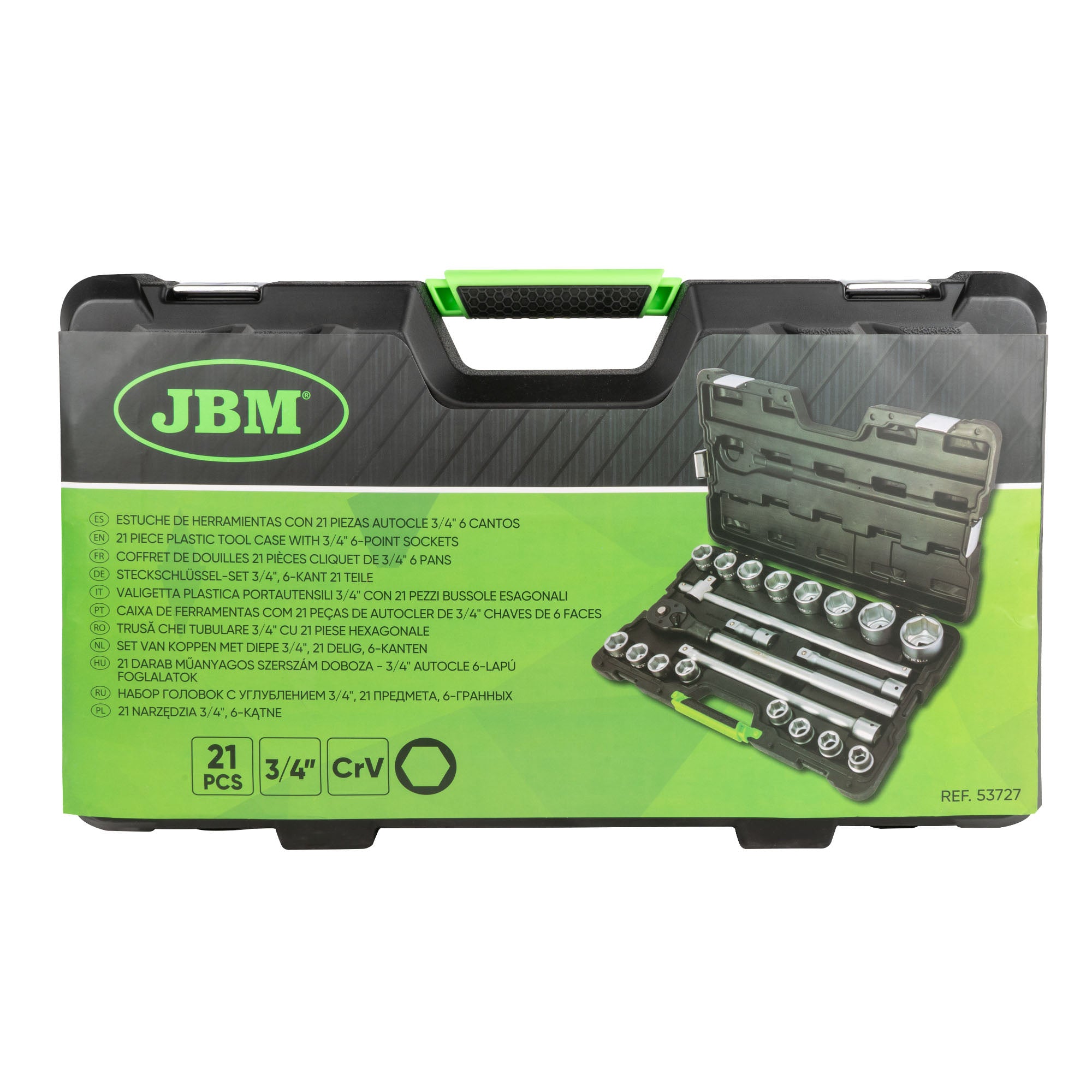 SET DI UTENSILI DA 21 PEZZI CON BUSSOLE ESAGONALI DA 3/4" – FINITURA ZINCATA 53727 JBM