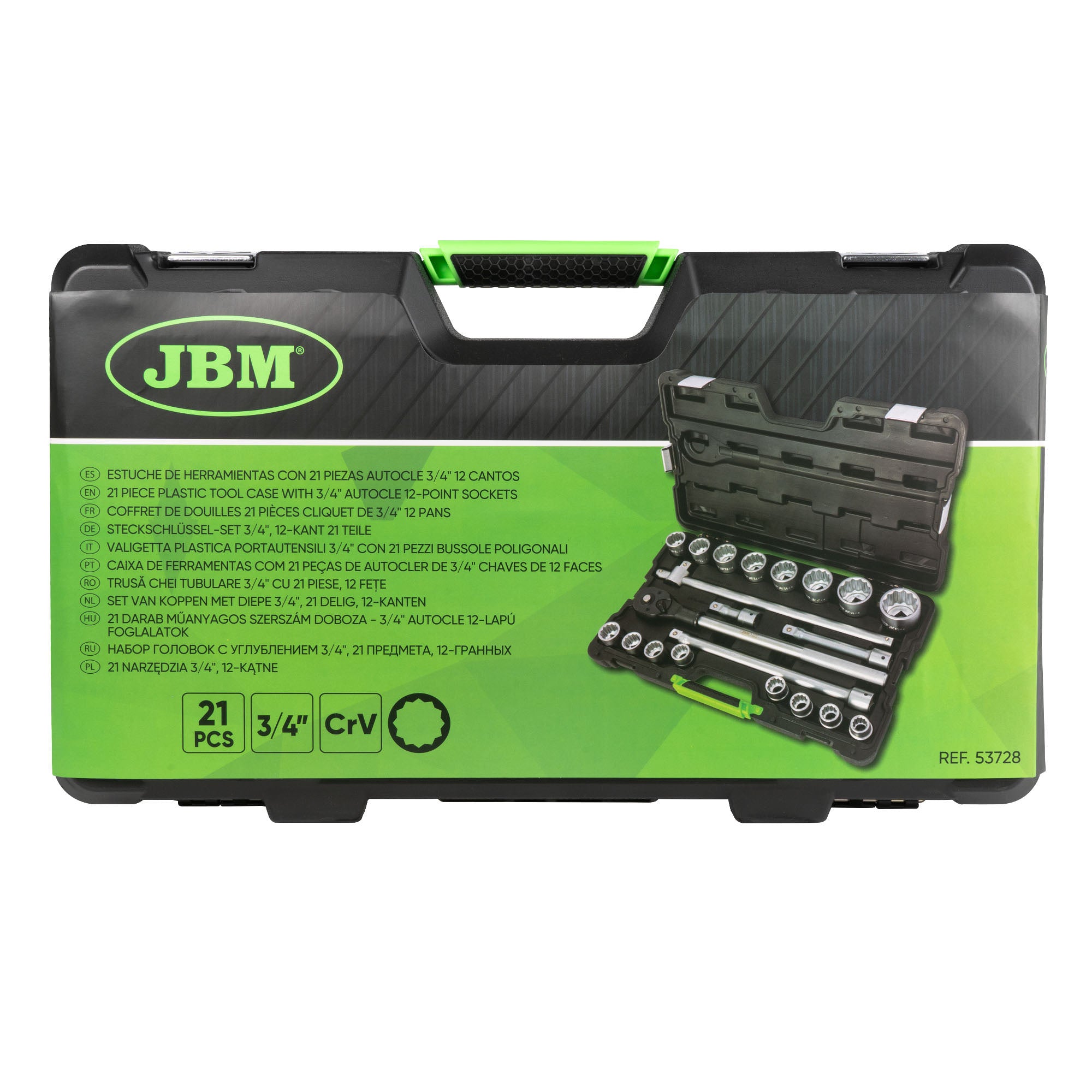 SET DI UTENSILI DA 21 PEZZI CON BUSSOLE A 12 PUNTE DA 3/4" – FINITURA ZINCATA 53728 JBM