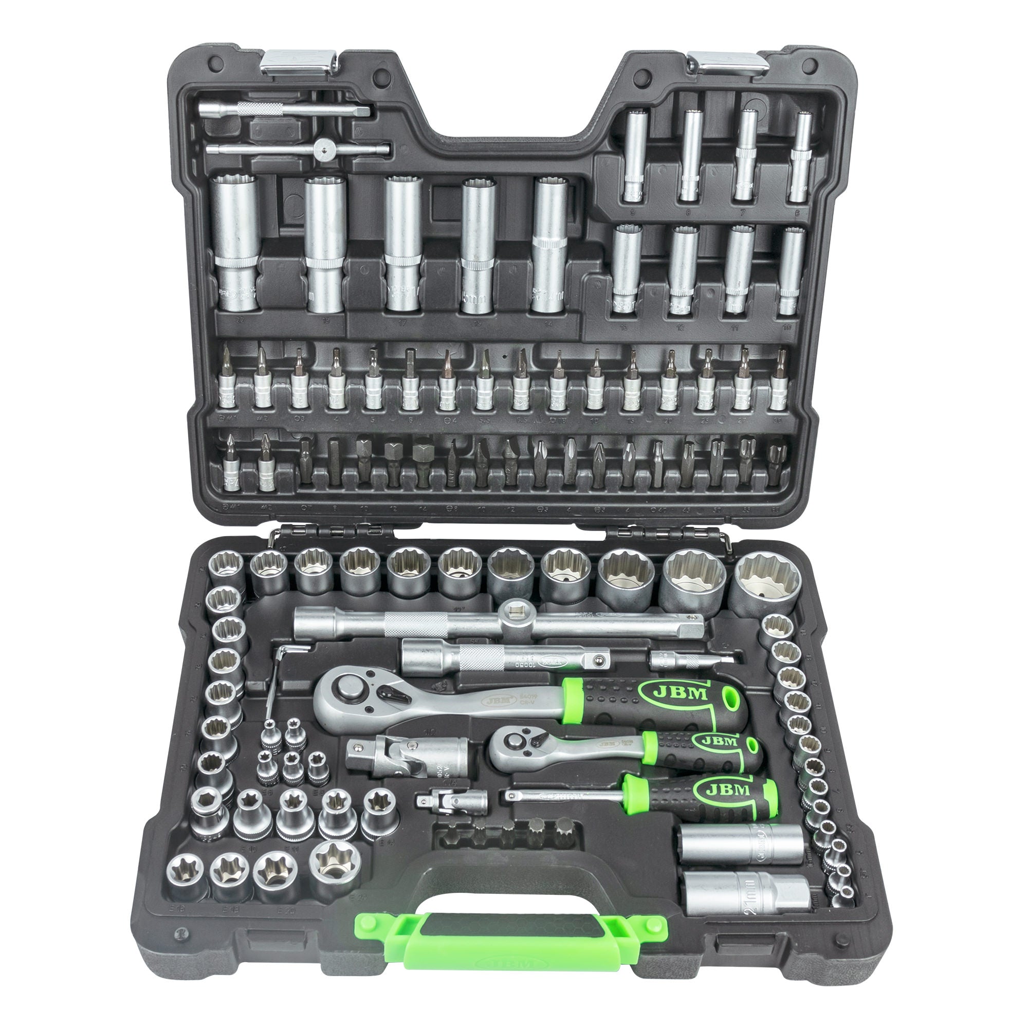 SET DI UTENSILI DA 113 PEZZI CON BUSSOLE A 12 LATI DA 1/4" E 1/2" – FINITURA ZINCATA 54036 JBM