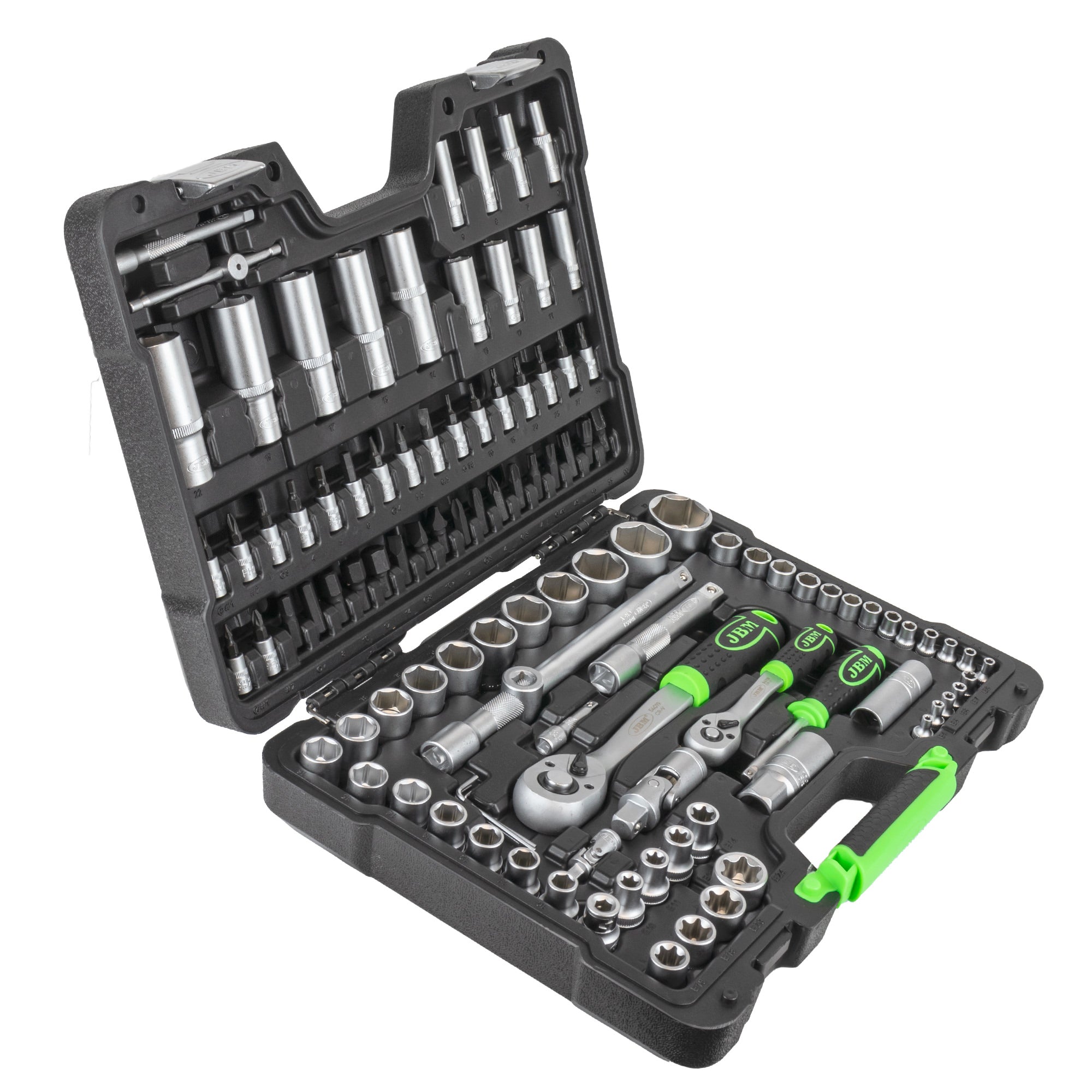 SET DI UTENSILI DA 108 PEZZI CON BUSSOLE ESAGONALI DA 1/4" E 1/2" – FINITURA ZINCATA 54037 JBM