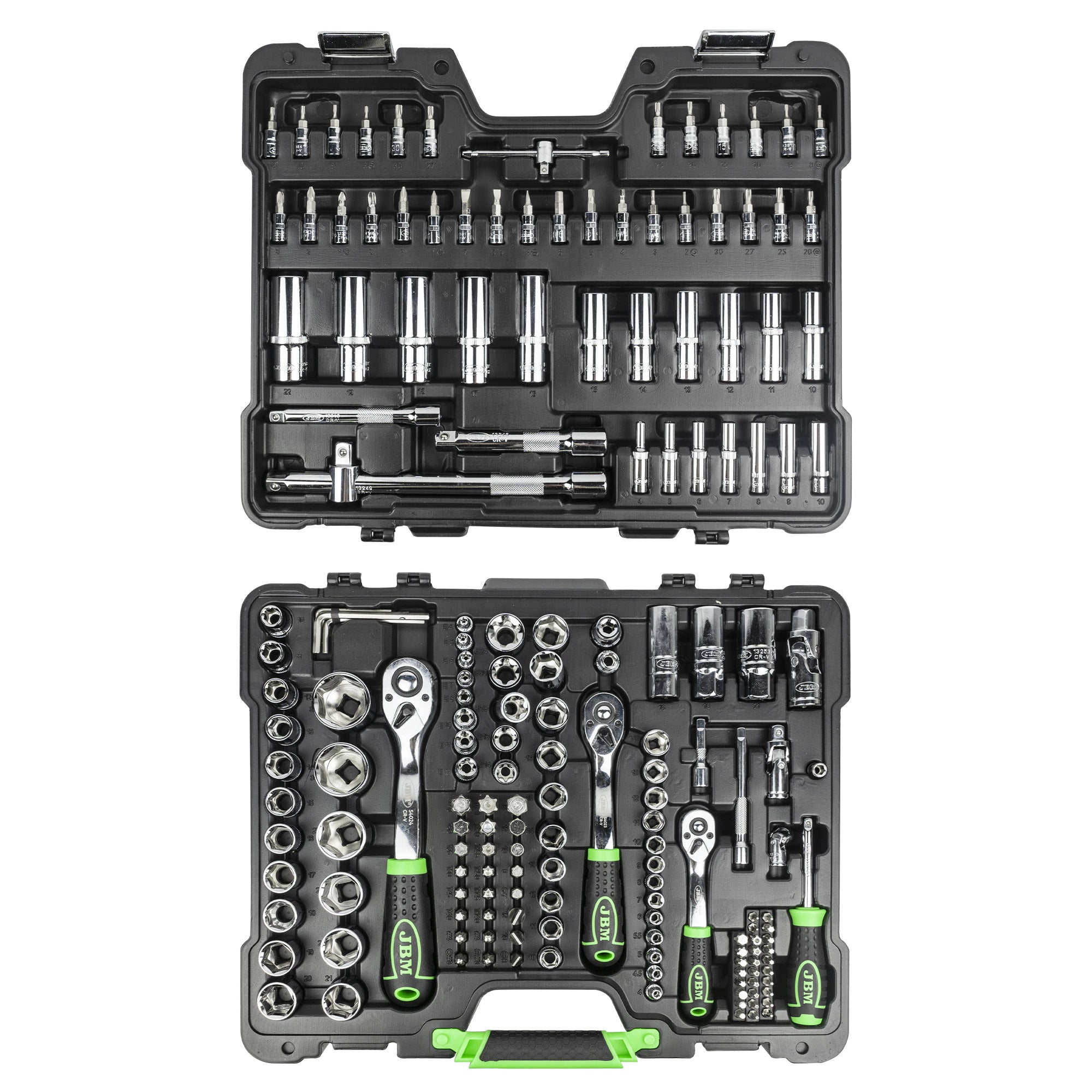 SET DI UTENSILI DA 179 PEZZI CON BUSSOLE ESAGONALI DA 1/4", 3/8" E 1/2" – FINITURA CROMATA 54046 JBM