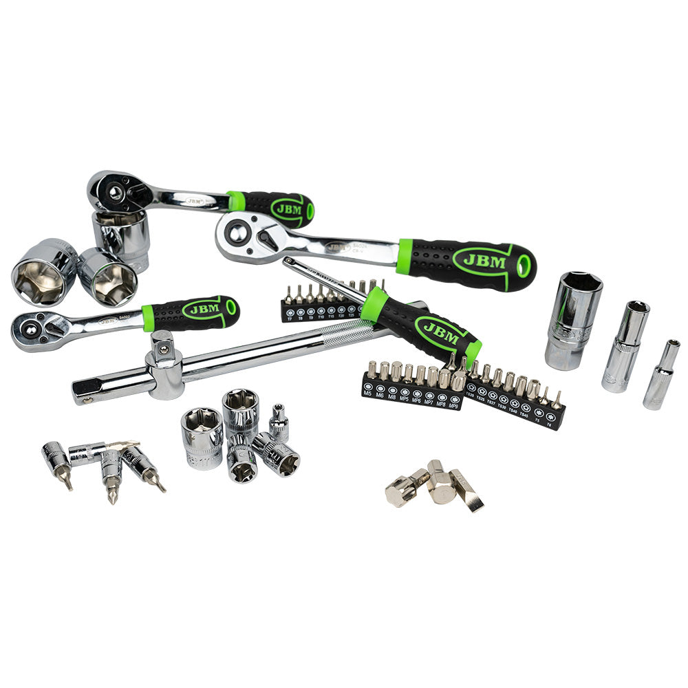 SET DI UTENSILI DA 179 PEZZI CON BUSSOLE ESAGONALI DA 1/4", 3/8" E 1/2" – FINITURA CROMATA 54046 JBM