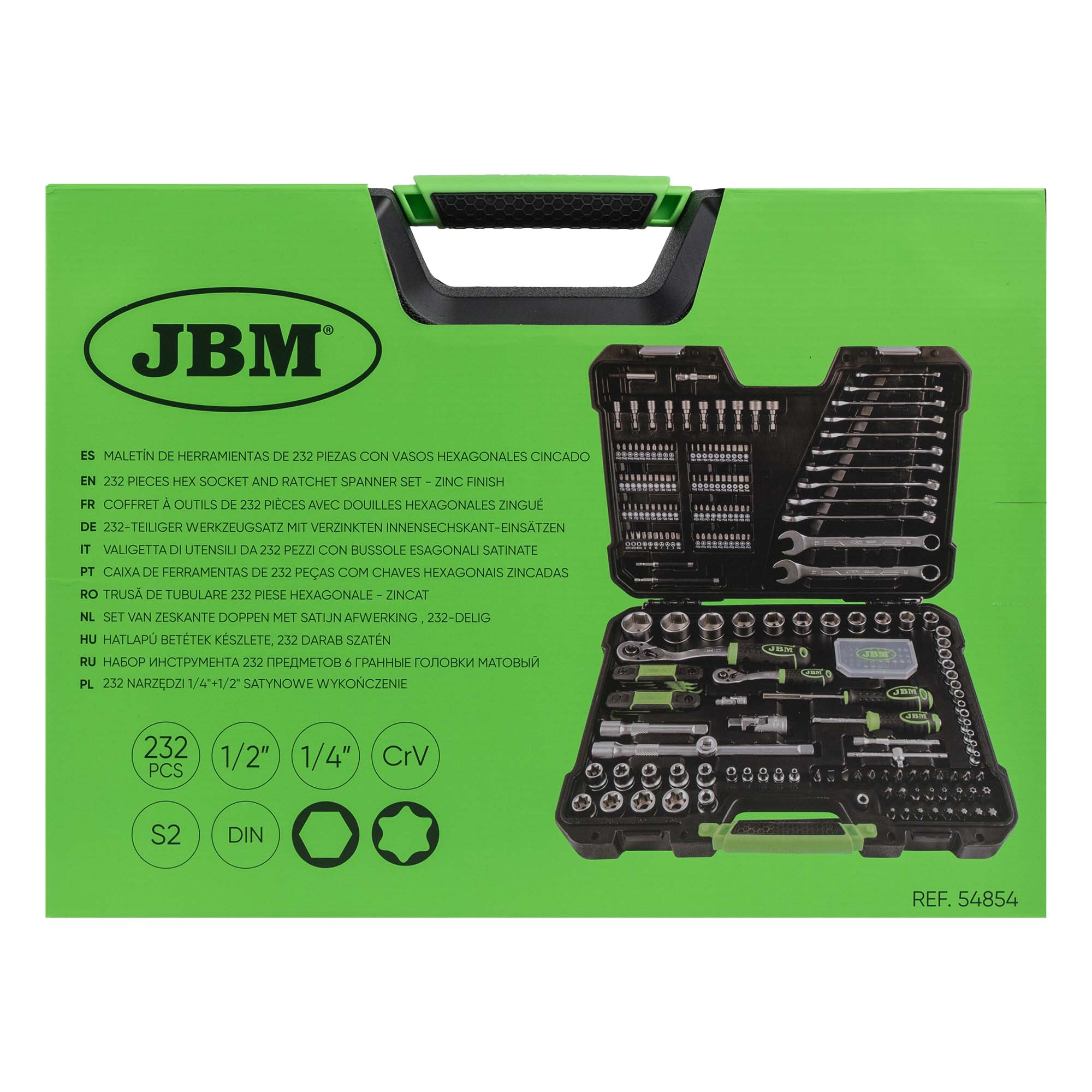 VALIGETTA DI UTENSILI DA 232 PEZZI CON BUSSOLE ESAGONALI DA 1/4” E 1/2” - FINITURA ZINCATA 54854 JBM