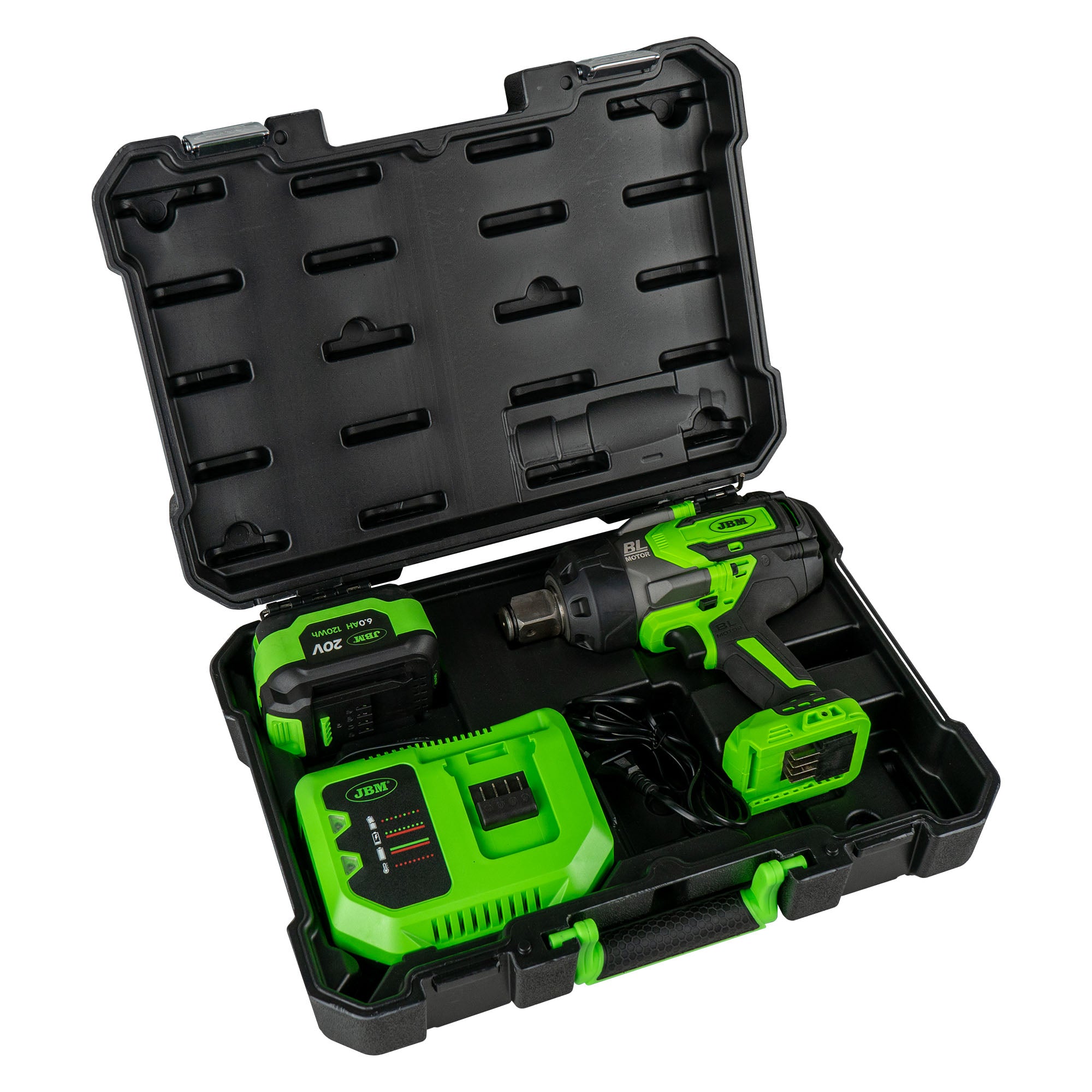 PISTOLA A IMPATTO BRUSHLESS A BATTERIA DA 1" 2300NM CON VALIGETTA 60050C + SET DA 8 BUSSOLE 52348 JBM SERIE 550