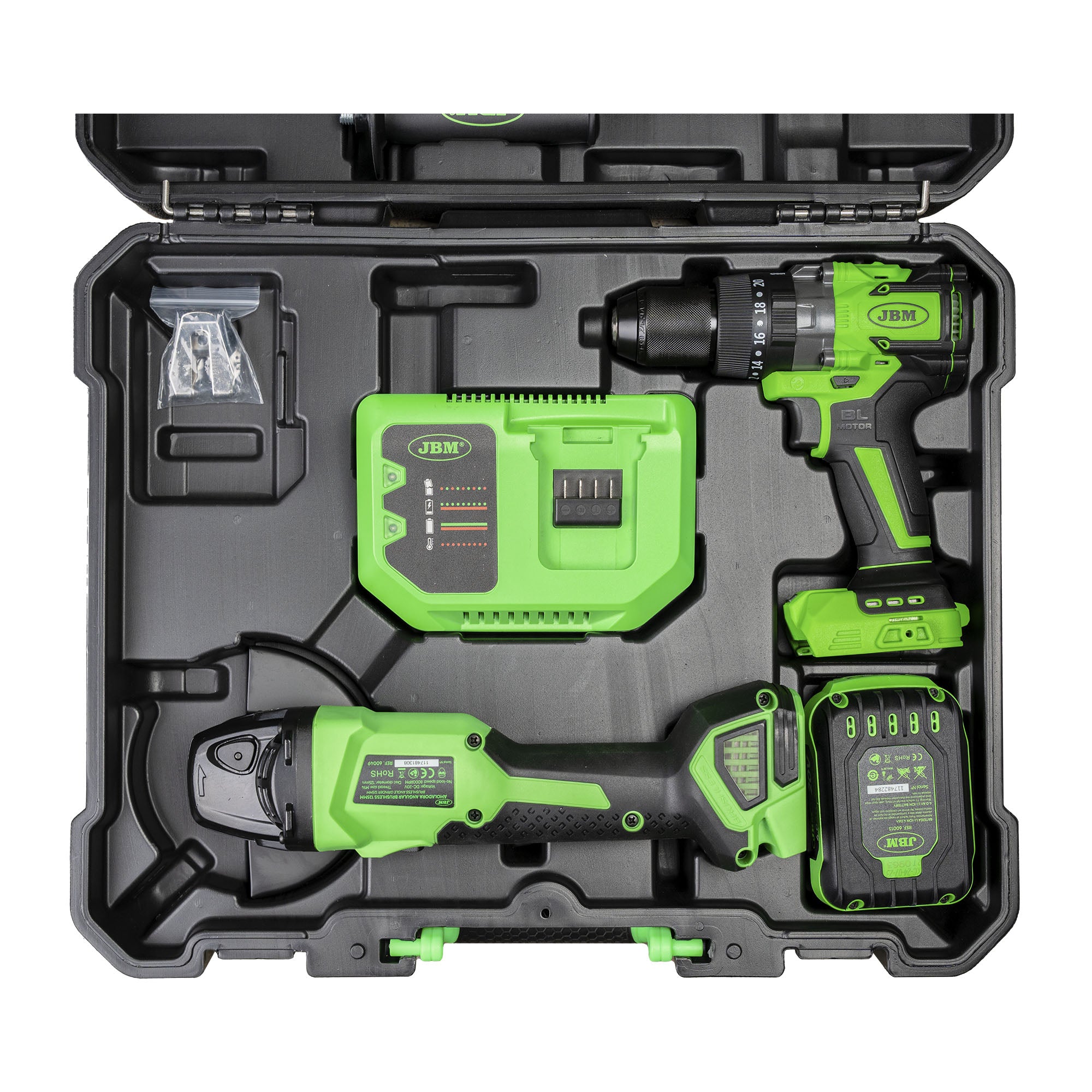 KIT SMERIGLIATRICE ANGOLARE E TRAPANO A PERCUSSIONE A BATTERIA CON CUSTODIA 60053C JBM
