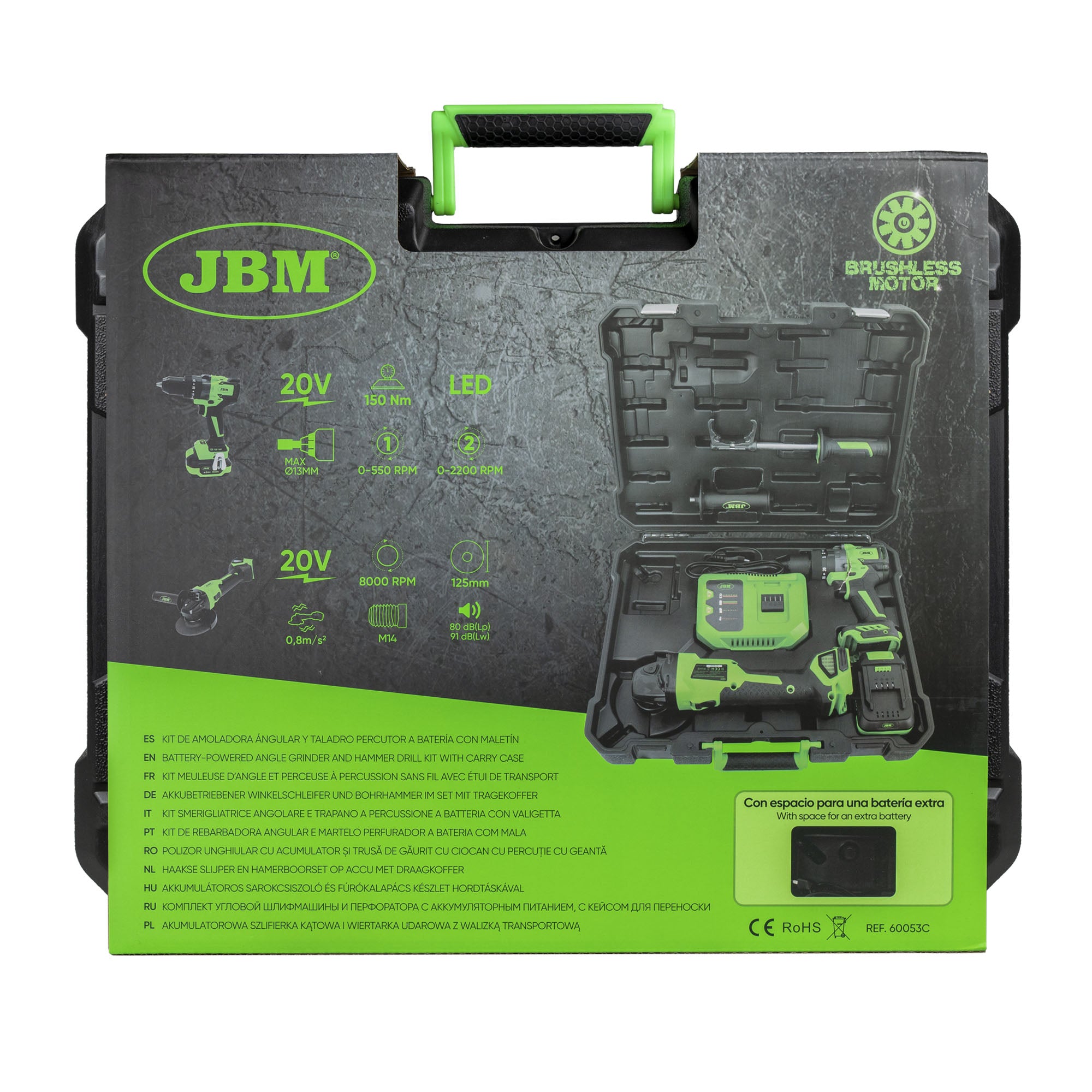 KIT SMERIGLIATRICE ANGOLARE E TRAPANO A PERCUSSIONE A BATTERIA CON CUSTODIA 60053C JBM