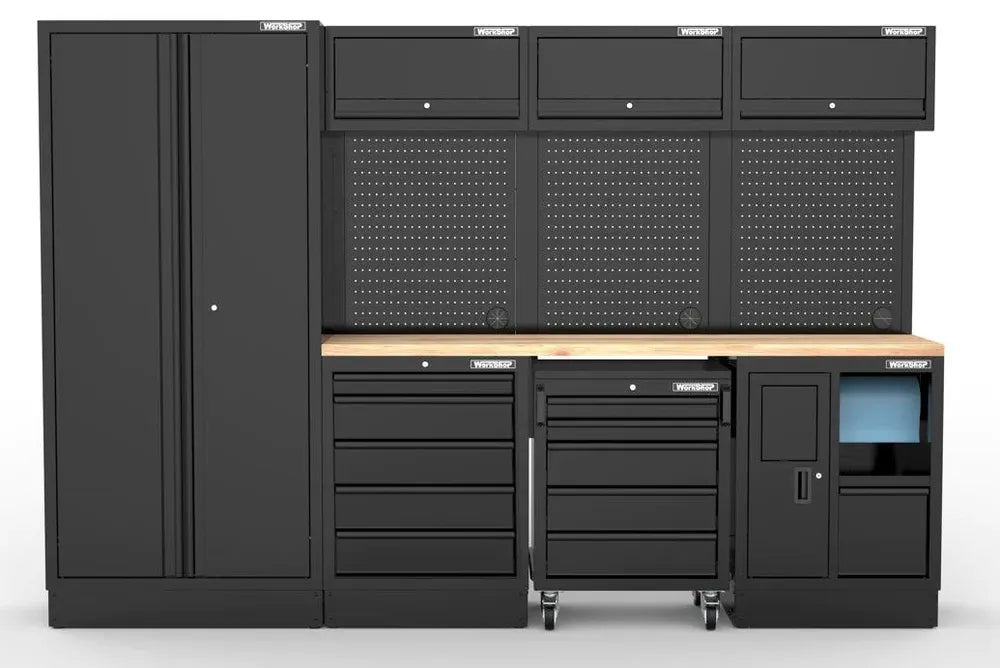 Arredo Officina Workshopitaly MPS 27 legno 3mt. Total Black + set 74 utensili Usag