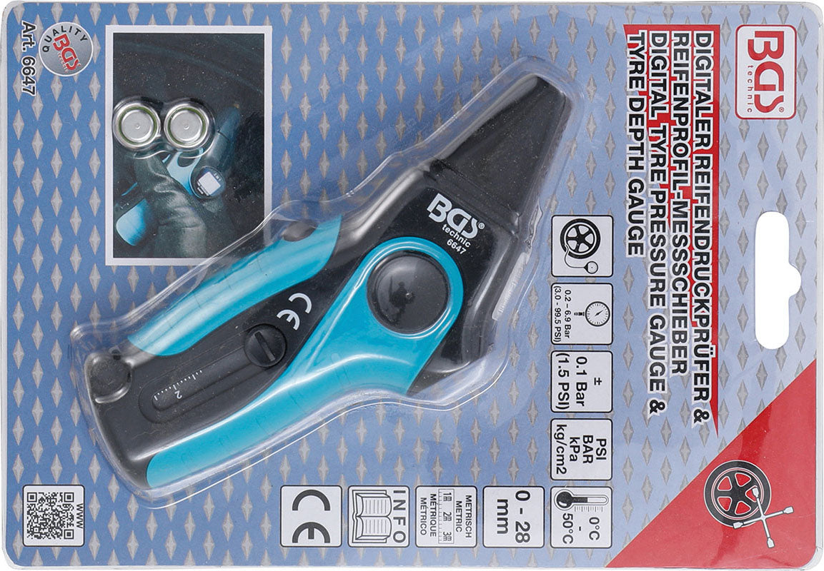MANOMETRO DIGITALE PER PRESSIONE PNEUMATICI E PROFONDITA’ BATTISTRADA, “2 IN 1” BGS6647