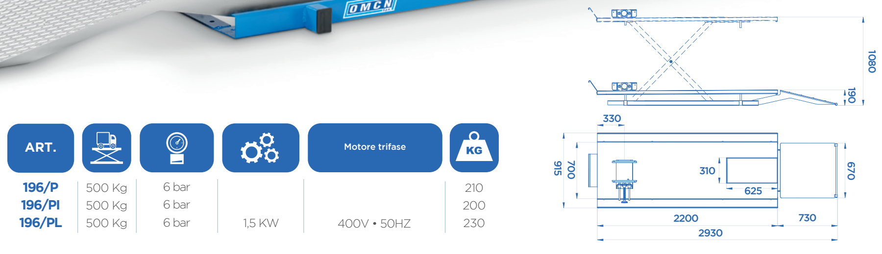 Sollevatore per moto 196 OMCN 196/P - Portata 500 kg CON POMPA IDRAULICA A PEDALE
