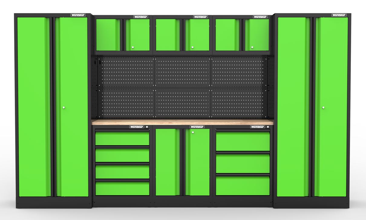 Arredo GARAGE Workshopitaly ACID GREEN and Black Anodized 3,3mt. Piano Legno