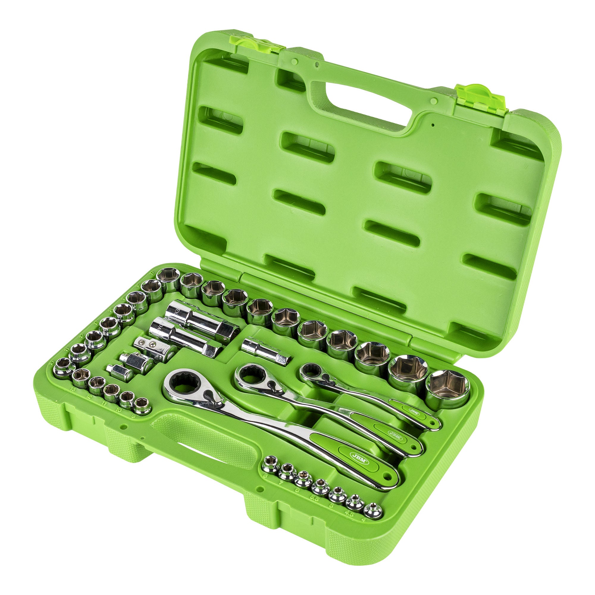 SET DI UTENSILI GO-THROUGH DA 39 PEZZI CON BUSSOLE DA 1/2", 1/4" E 3/2" – FINITURA CROMATA 52418 JBM