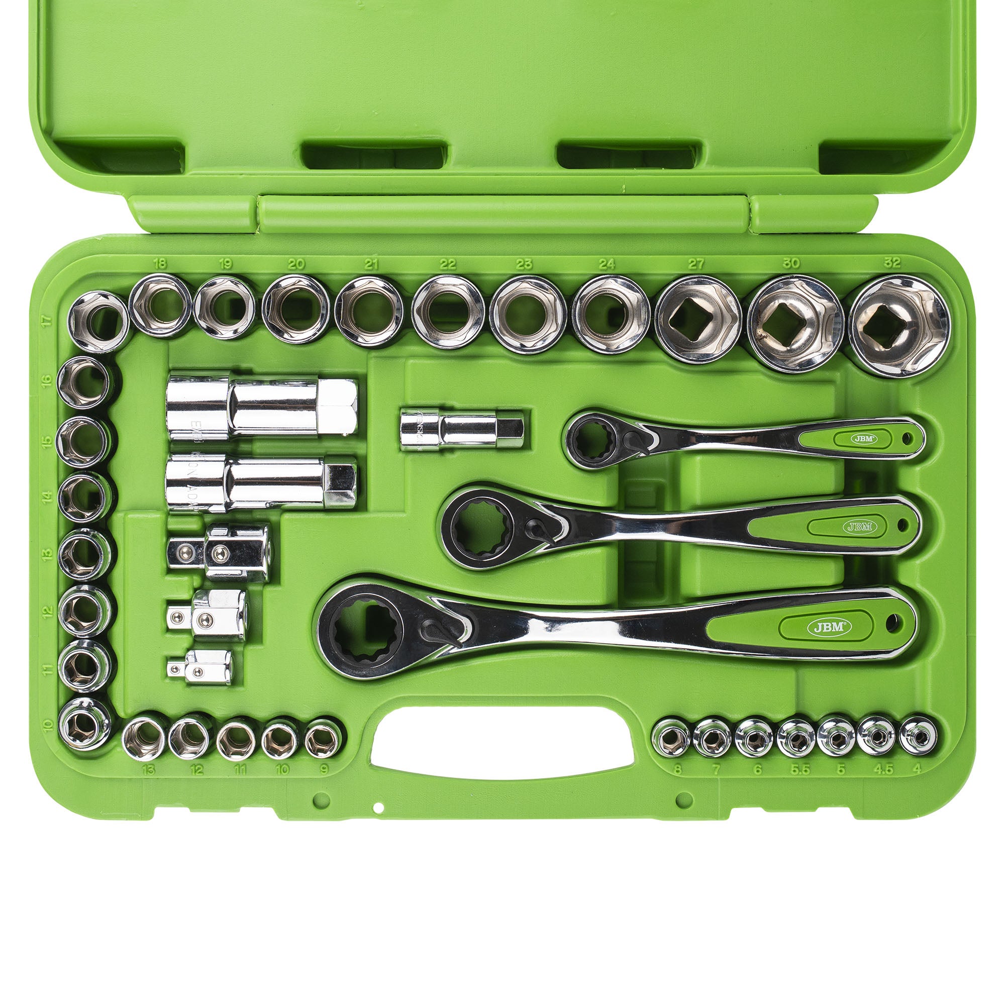 SET DI UTENSILI GO-THROUGH DA 39 PEZZI CON BUSSOLE DA 1/2", 1/4" E 3/2" – FINITURA CROMATA 52418 JBM
