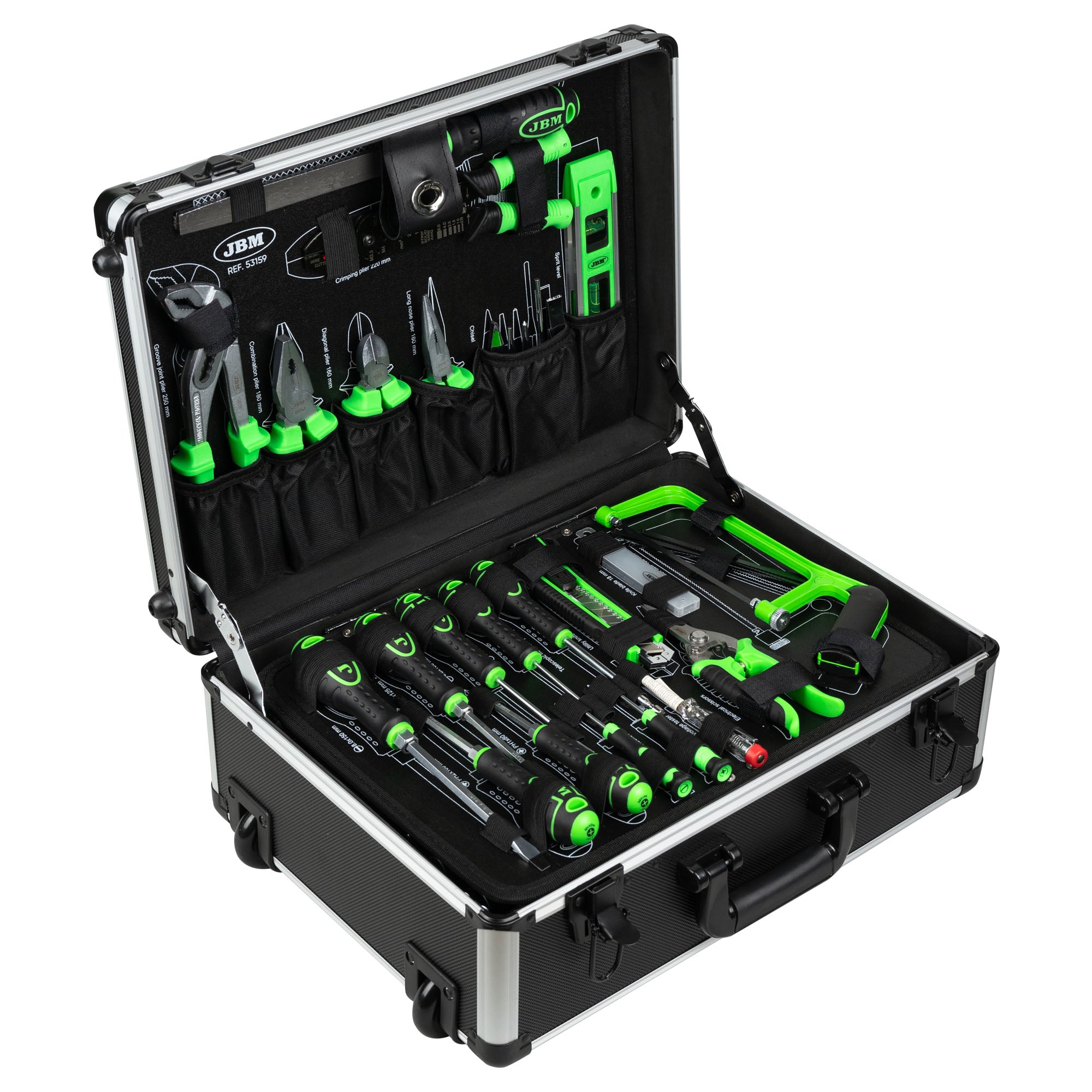 SET DI UTENSILI DA 159 PEZZI IN ALLUMINIO CON BUSSOLE DA 1/4" E 1/2" – FINITURA ZINCATA 53159 JBM