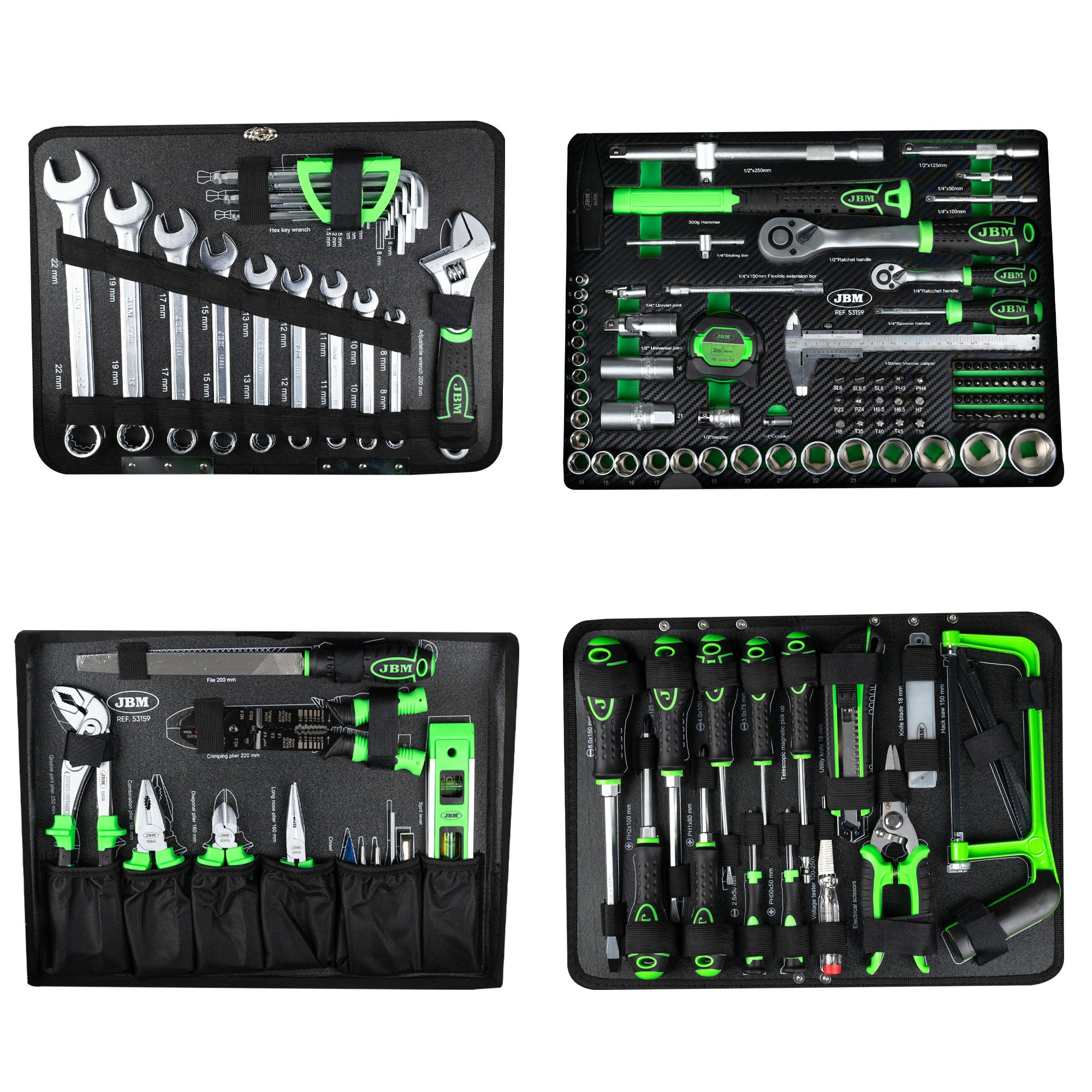 SET DI UTENSILI DA 159 PEZZI IN ALLUMINIO CON BUSSOLE DA 1/4" E 1/2" – FINITURA ZINCATA 53159 JBM