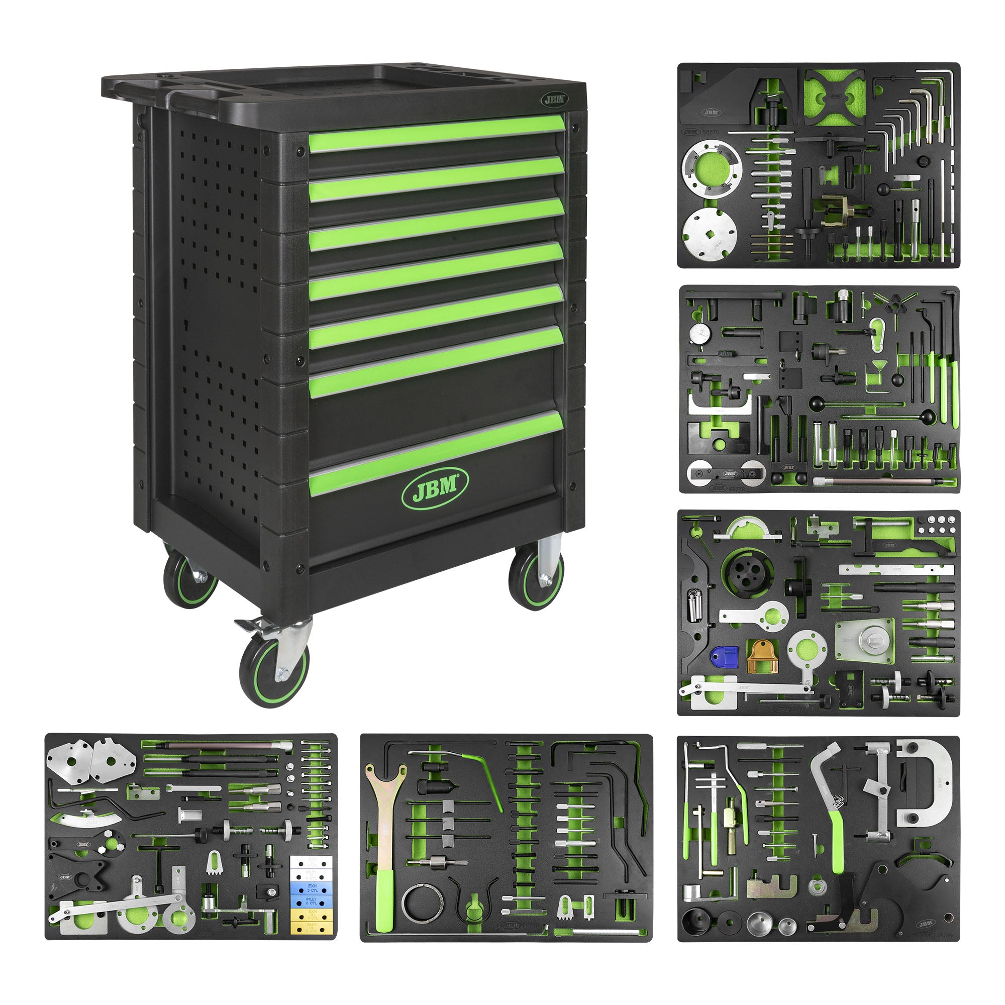 CARRELLO CON 7 CASSETTI VERDE - SPECIALE KIT MESSA IN FASE 53951 JBM