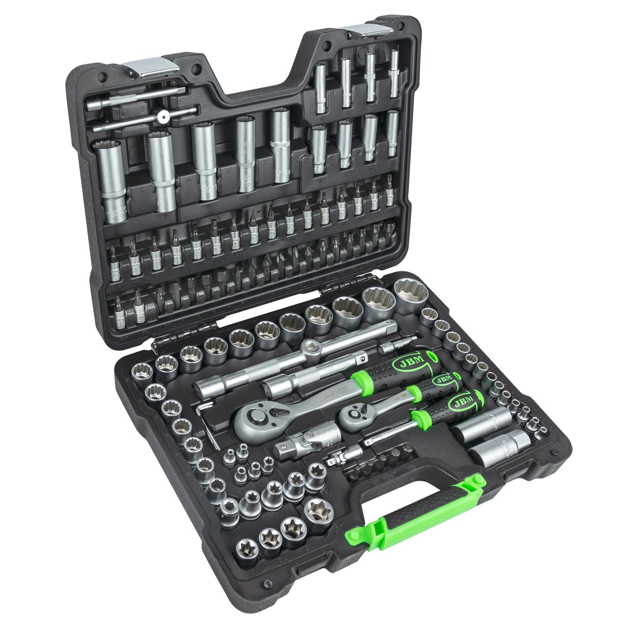 SET DI UTENSILI DA 113 PEZZI CON BUSSOLE A 12 LATI DA 1/4" E 1/2" – FINITURA ZINCATA 54036 JBM