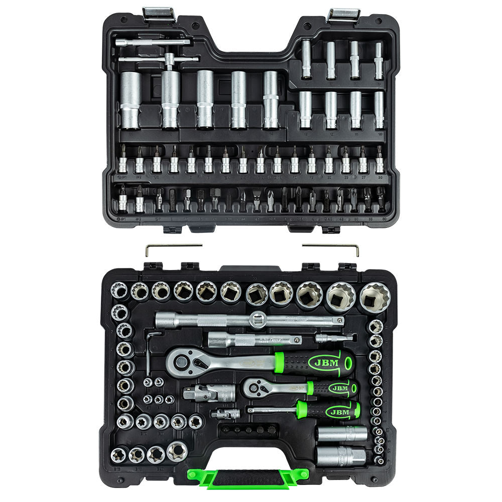 SET DI UTENSILI DA 113 PEZZI CON BUSSOLE A 12 LATI DA 1/4" E 1/2" – FINITURA ZINCATA 54036 JBM