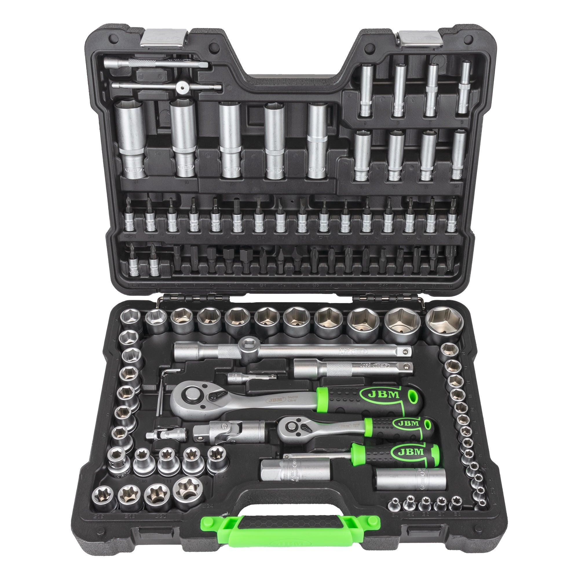 SET DI UTENSILI DA 108 PEZZI CON BUSSOLE ESAGONALI DA 1/4" E 1/2" – FINITURA ZINCATA 54037 JBM