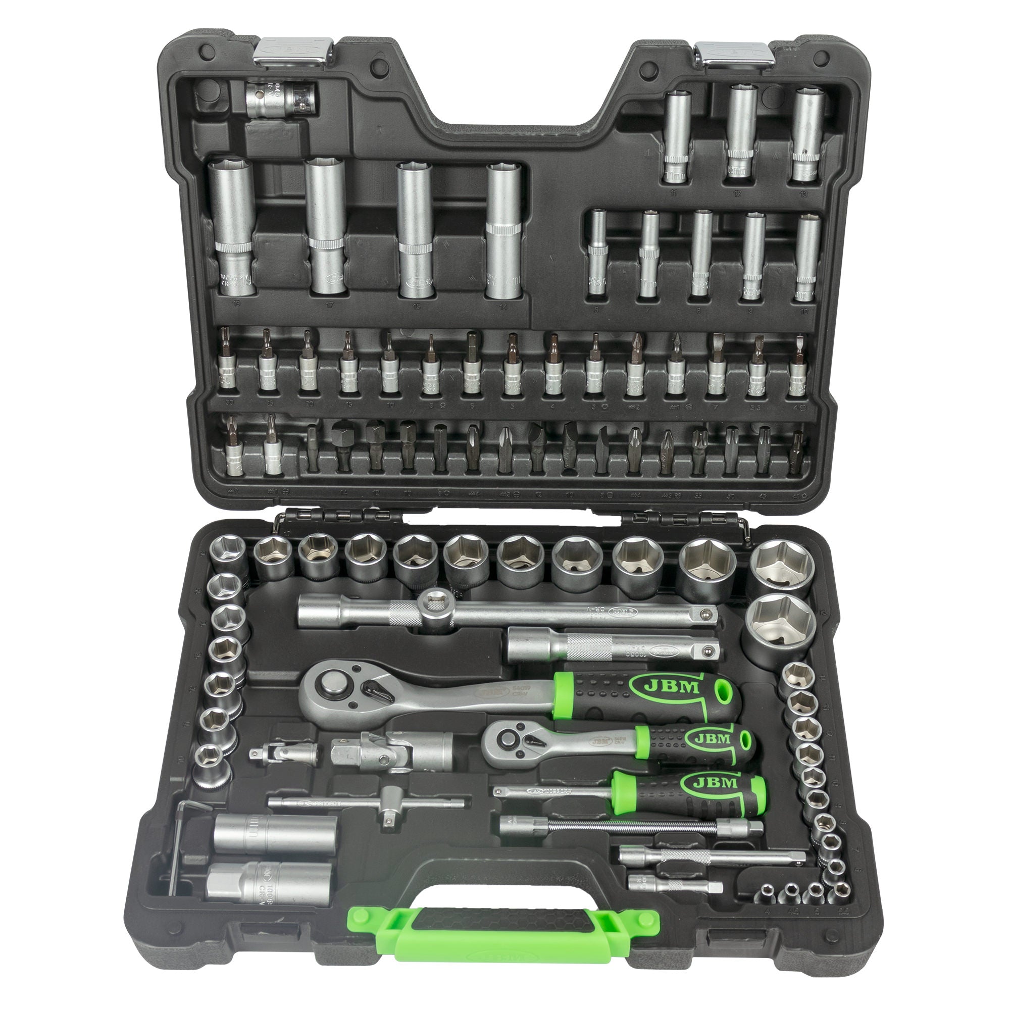 SET DI UTENSILI DA 94 PEZZI CON BUSSOLE ESAGONALI DA 1/4" E 1/2" – FINITURA ZINCATA 54038 JBM