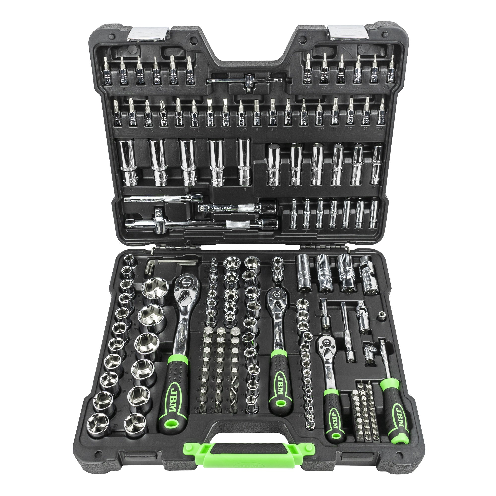 SET DI UTENSILI DA 179 PEZZI CON BUSSOLE ESAGONALI DA 1/4", 3/8" E 1/2" – FINITURA CROMATA 54046 JBM