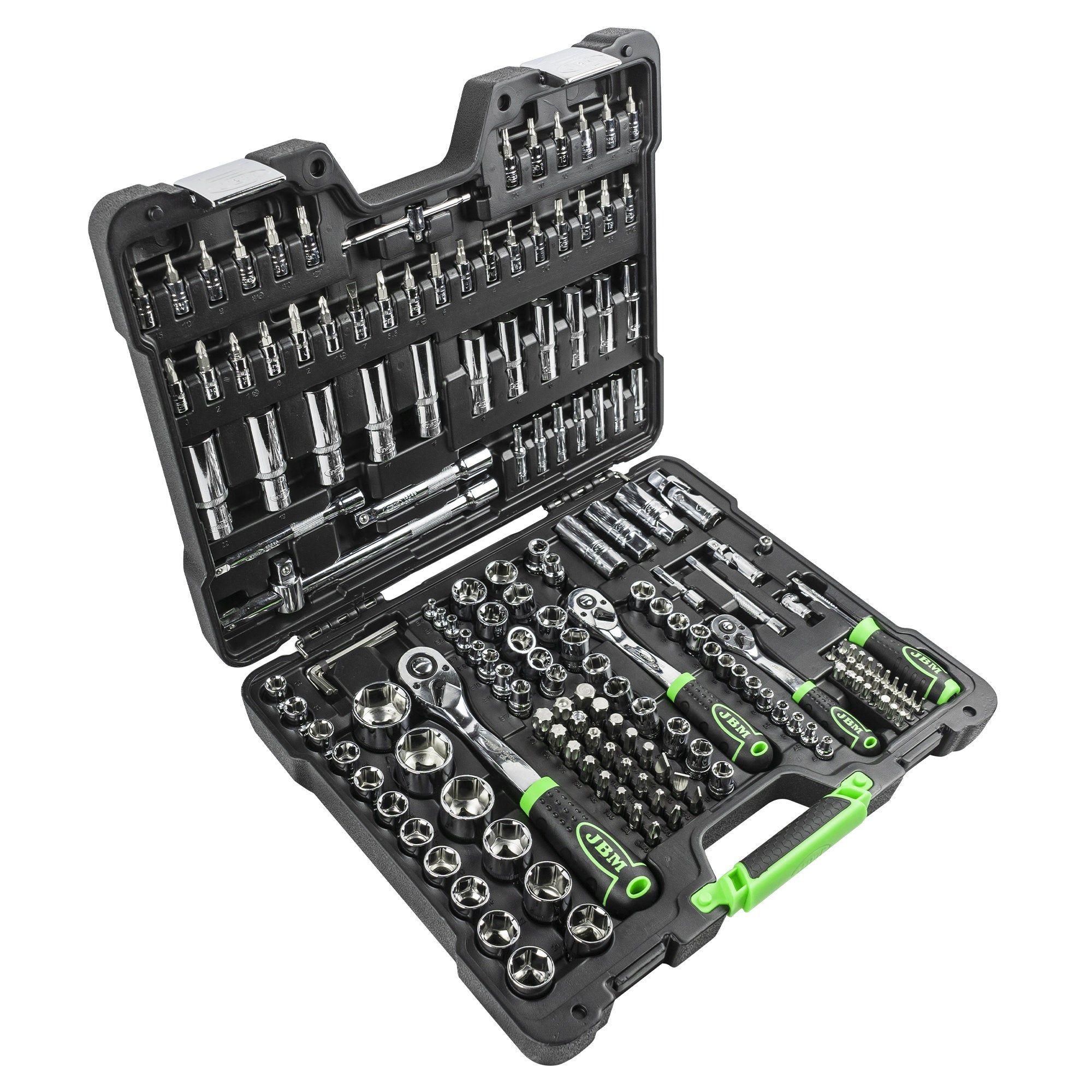 SET DI UTENSILI DA 179 PEZZI CON BUSSOLE ESAGONALI DA 1/4", 3/8" E 1/2" – FINITURA CROMATA 54046 JBM
