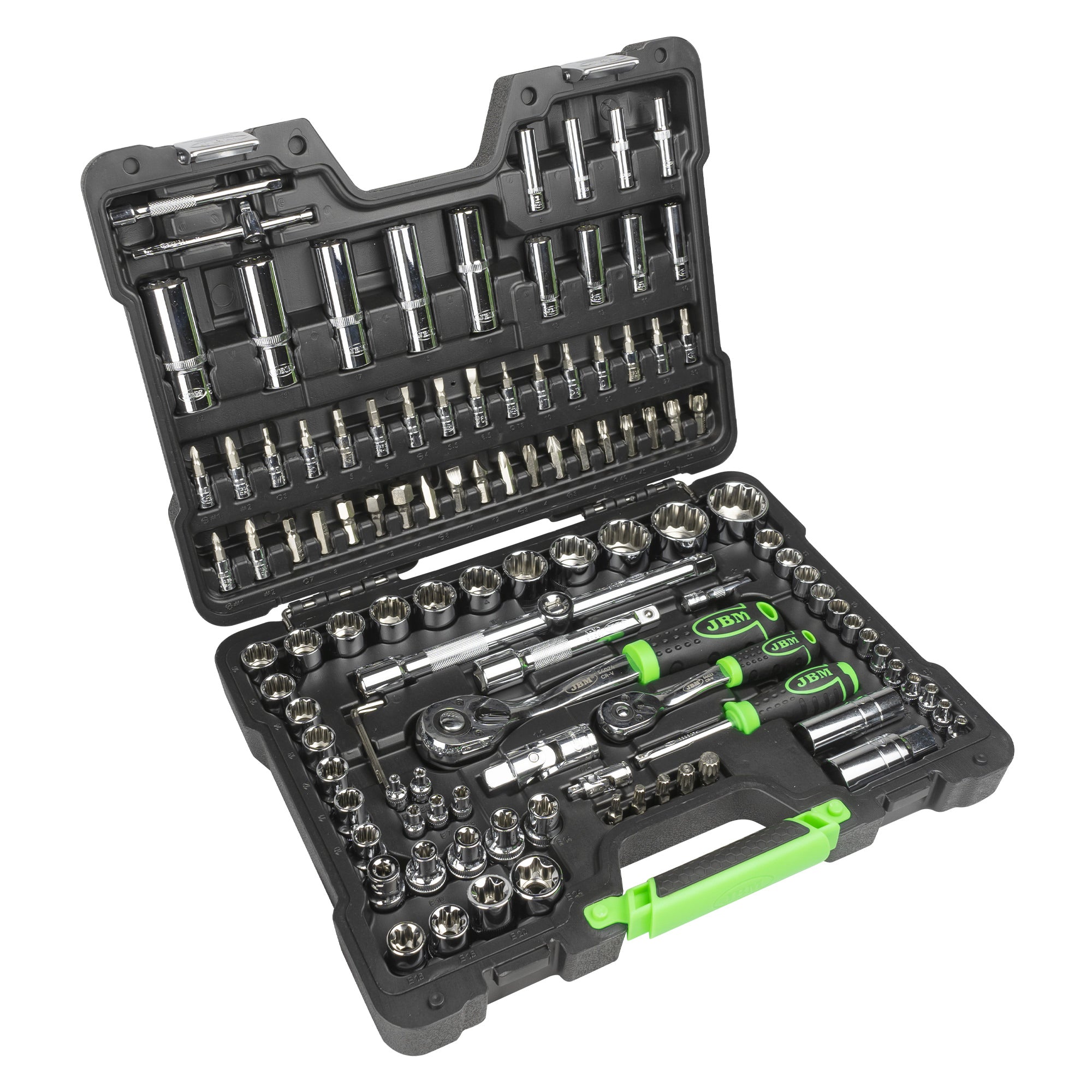SET DI UTENSILI DA 113 PEZZI CON BUSSOLE A 12 LATI DA 1/4" E 1/2" – FINITURA CROMATA 54047 JBM