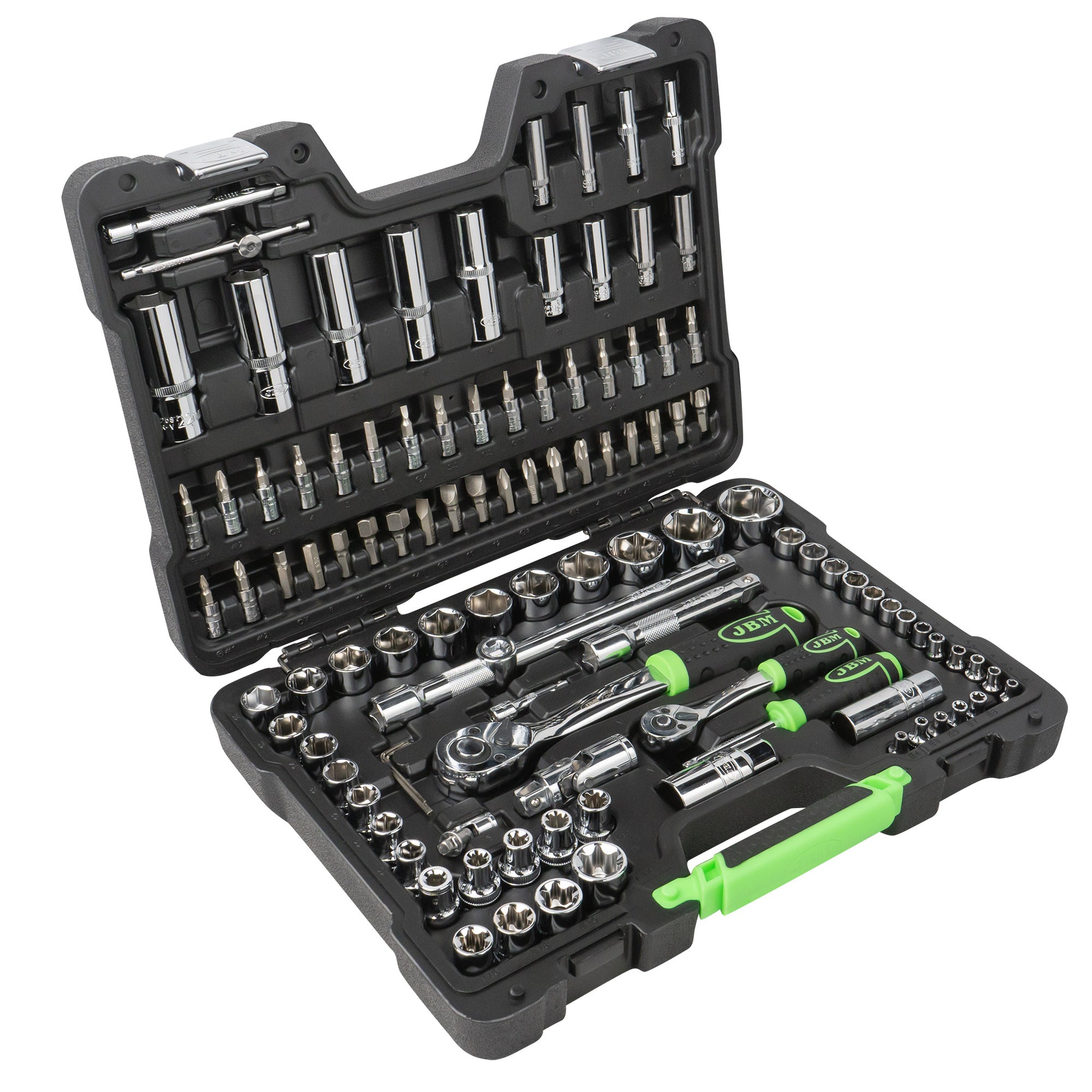 SET DI UTENSILI DA 108 PEZZI CON BUSSOLE ESAGONALI DA 1/4" E 1/2" – FINITURA CROMATA 54048 JBM