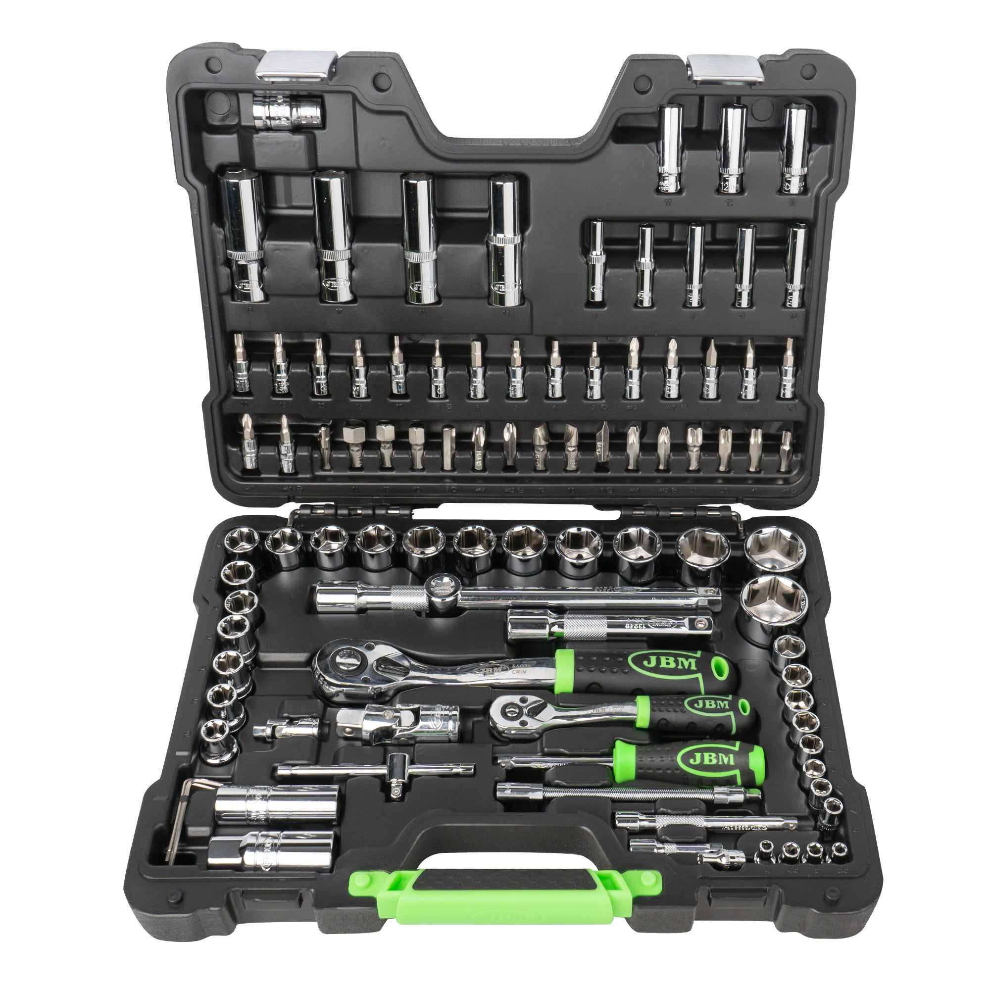SET DI UTENSILI DA 94 PEZZI CON BUSSOLE ESAGONALI DA 1/4" E 1/2" – FINITURA CROMATA 54049 JBM