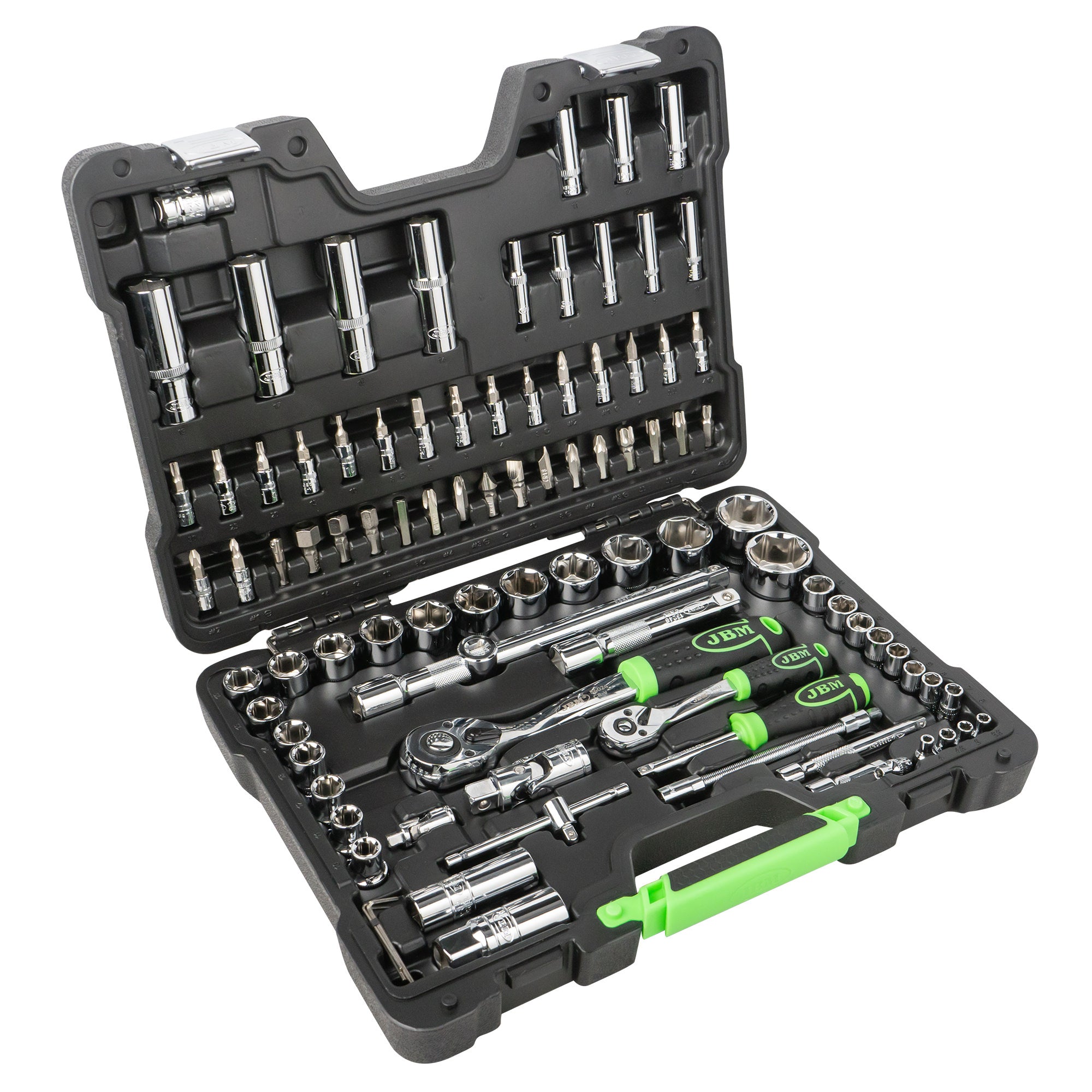 SET DI UTENSILI DA 94 PEZZI CON BUSSOLE ESAGONALI DA 1/4" E 1/2" – FINITURA CROMATA 54049 JBM