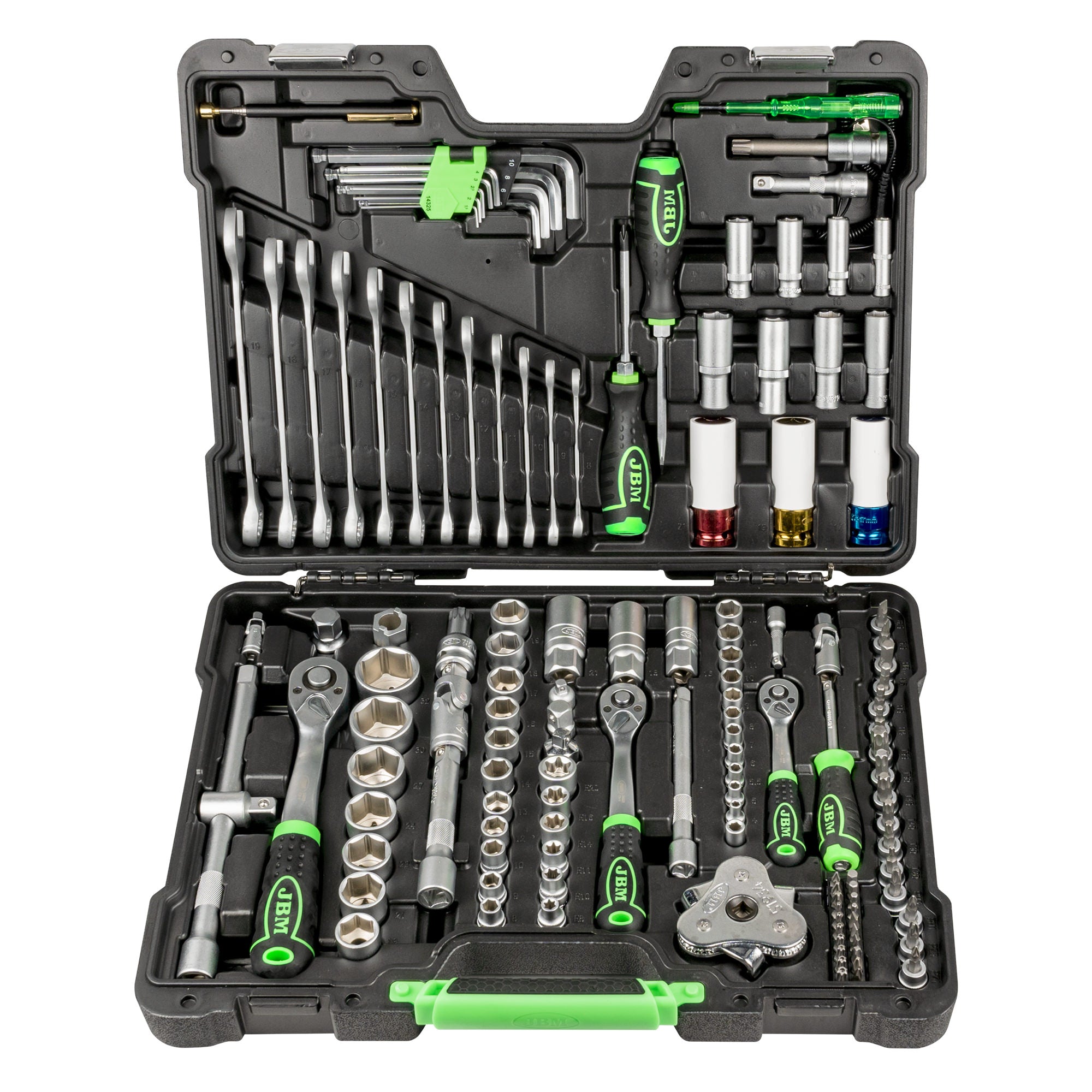 SET DI UTENSILI DA 132 PEZZI CON BUSSOLE ESAGONALI DA 1/2", 1/4" E 3/8" – FINITURA ZINCATA 54082 JBM
