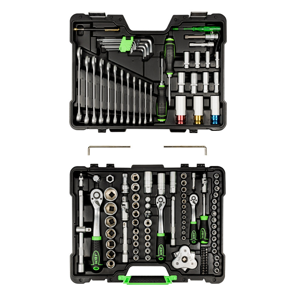 SET DI UTENSILI DA 132 PEZZI CON BUSSOLE ESAGONALI DA 1/2", 1/4" E 3/8" – FINITURA ZINCATA 54082 JBM