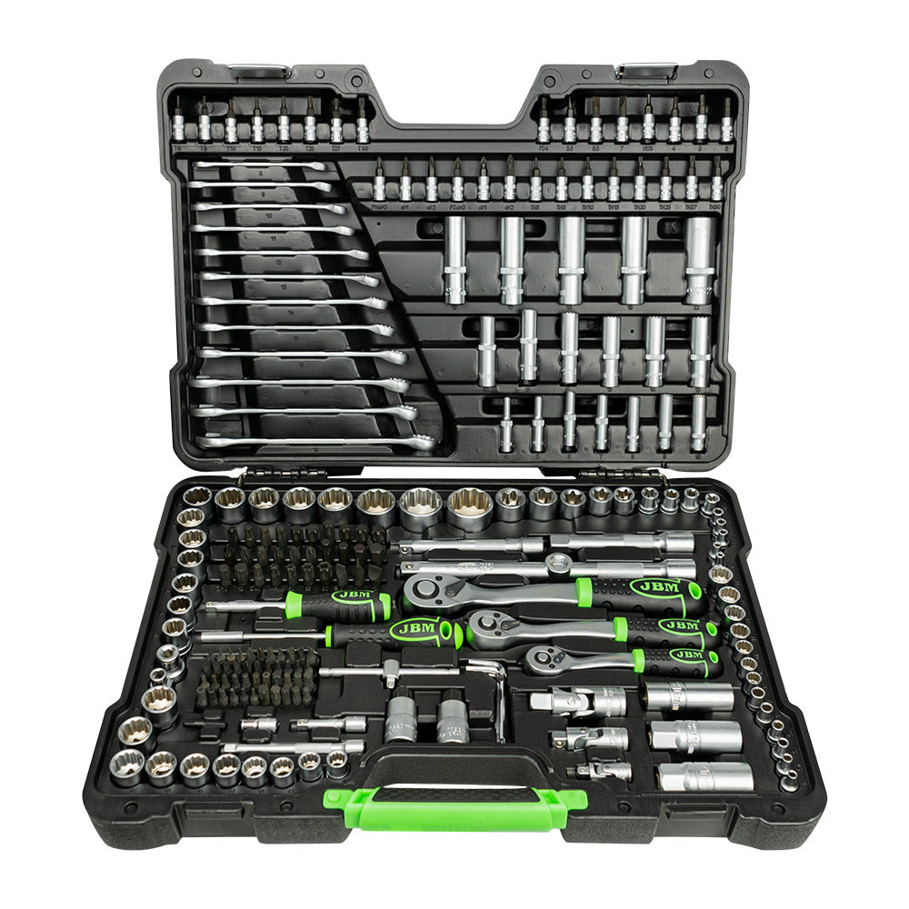 SET DI UTENSILI DA 216 PEZZI CON BUSSOLE A 12 LATI DA 1/4", 3/8" E 1/2" – FINITURA ZINCATA 54250 JBM
