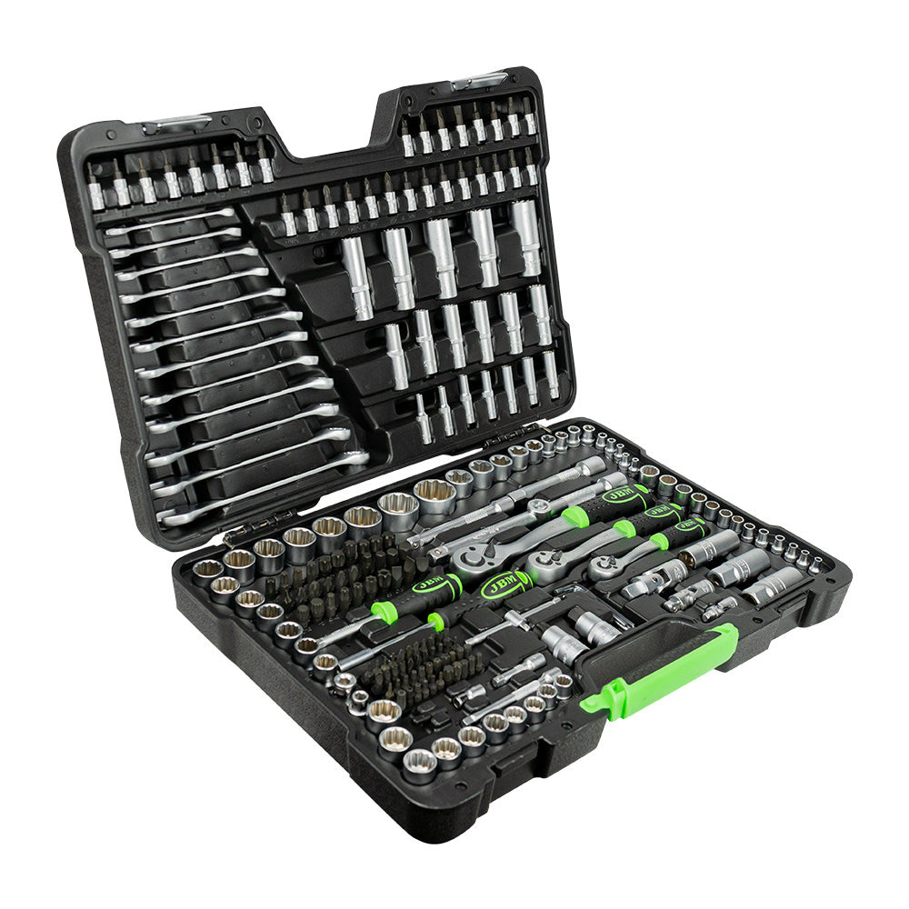 SET DI UTENSILI DA 216 PEZZI CON BUSSOLE A 12 LATI DA 1/4", 3/8" E 1/2" – FINITURA ZINCATA 54250 JBM