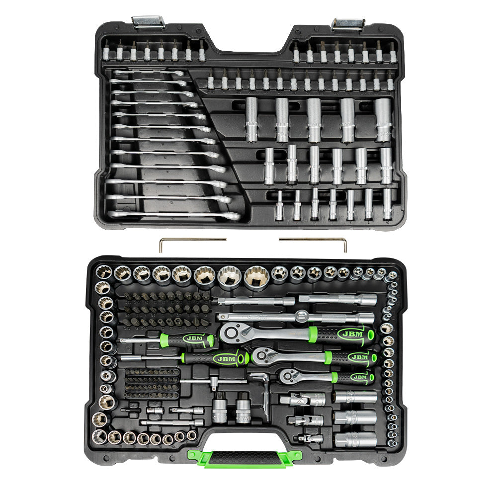 SET DI UTENSILI DA 216 PEZZI CON BUSSOLE A 12 LATI DA 1/4", 3/8" E 1/2" – FINITURA ZINCATA 54250 JBM