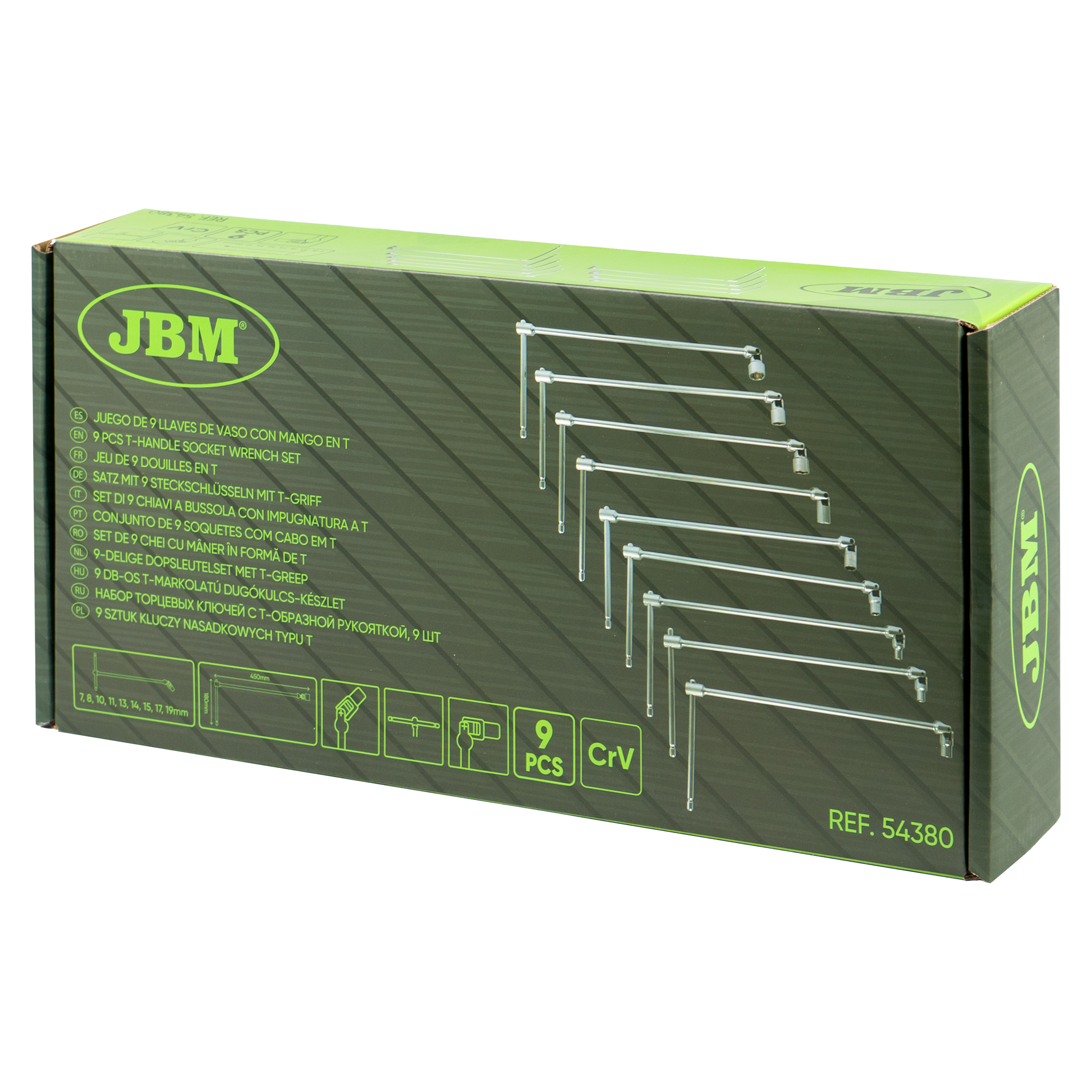 SET DI 9 CHIAVI A SNODO CON IMPUGNATURA A T (7–19 MM) 54380 JBM