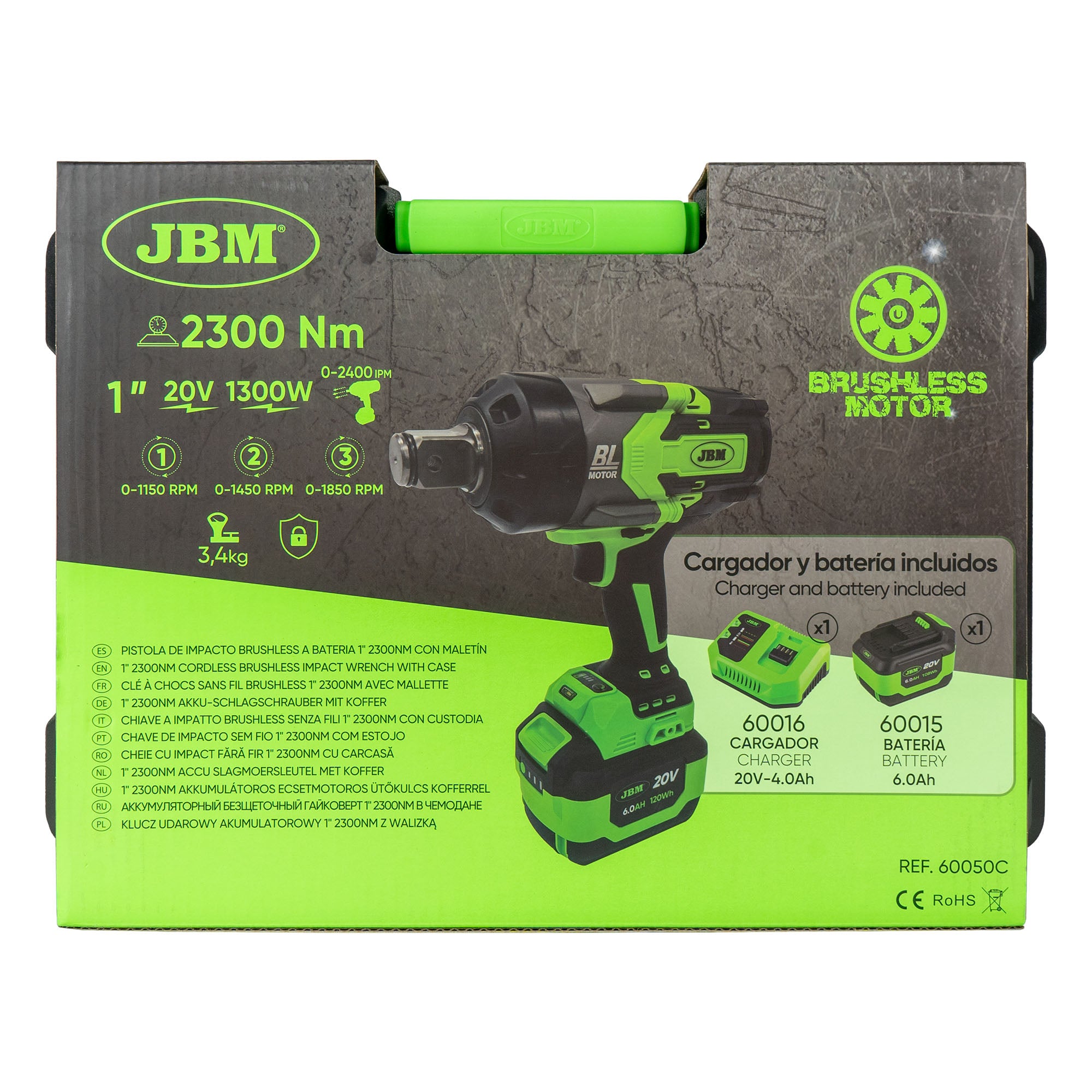 PISTOLA A IMPATTO BRUSHLESS A BATTERIA DA 1" 2300NM CON VALIGETTA 60050C   + SET DA 8 BUSSOLE 52348 JBM SERIE 550