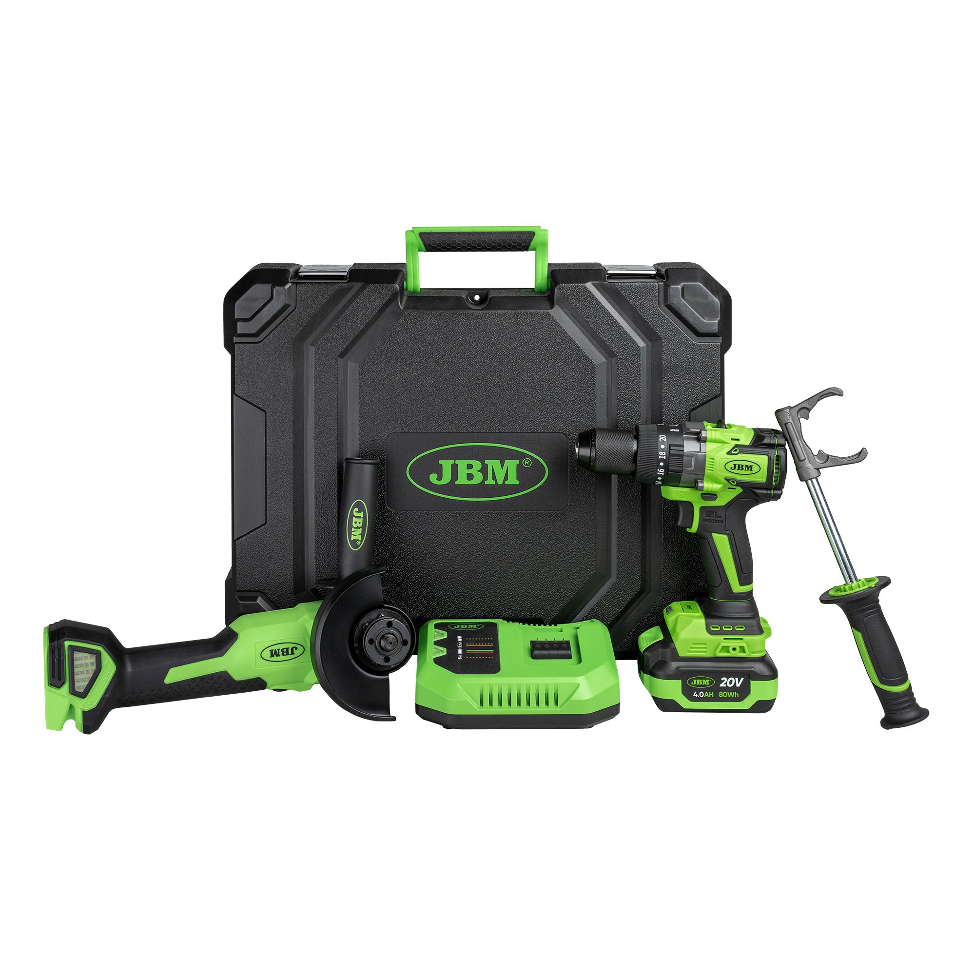 KIT SMERIGLIATRICE ANGOLARE E TRAPANO A PERCUSSIONE A BATTERIA CON CUSTODIA 60053C JBM