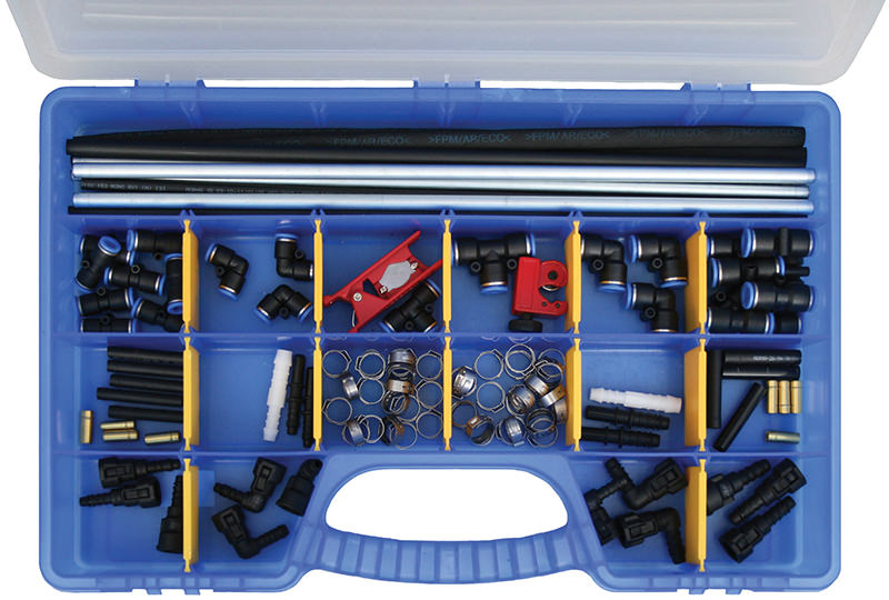 SET 116 PEZZI, PER LA RIPARAZIONE DEI TUBI DEL CARBURANTE + 2 MINI TAGLIATUBI Fermec  7KLR117