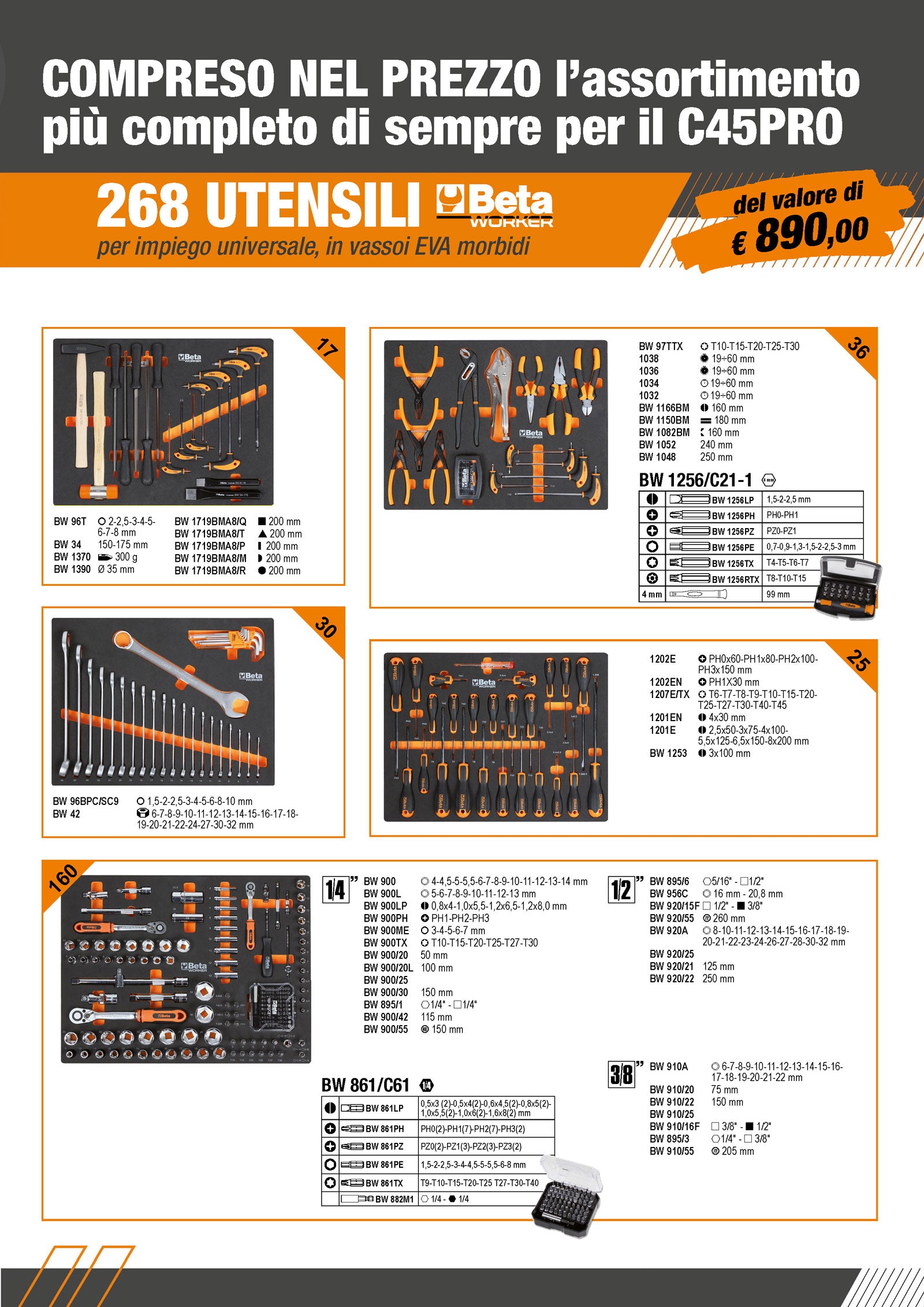 Arredo Officina Beta Utensili C45PRO W piano legno completo di 268 utensili + FRIGORIFERO Promo Estate 2026
