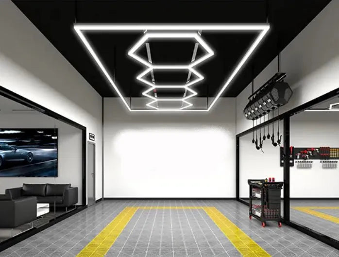Luce led esagonale a soffitto 5 elementi e cornice 3,6mt x 1,2mt