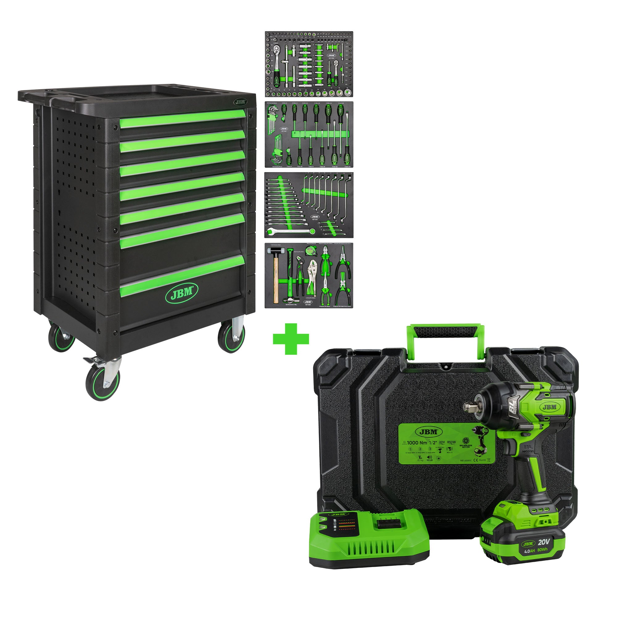 CARRELLO PORTAUTENSILI 53904 A 7 CASSETTI COMPLETO DI UTENSILI  + PISTOLA A IMPATTO 60051 1/2" 1000NM JBM