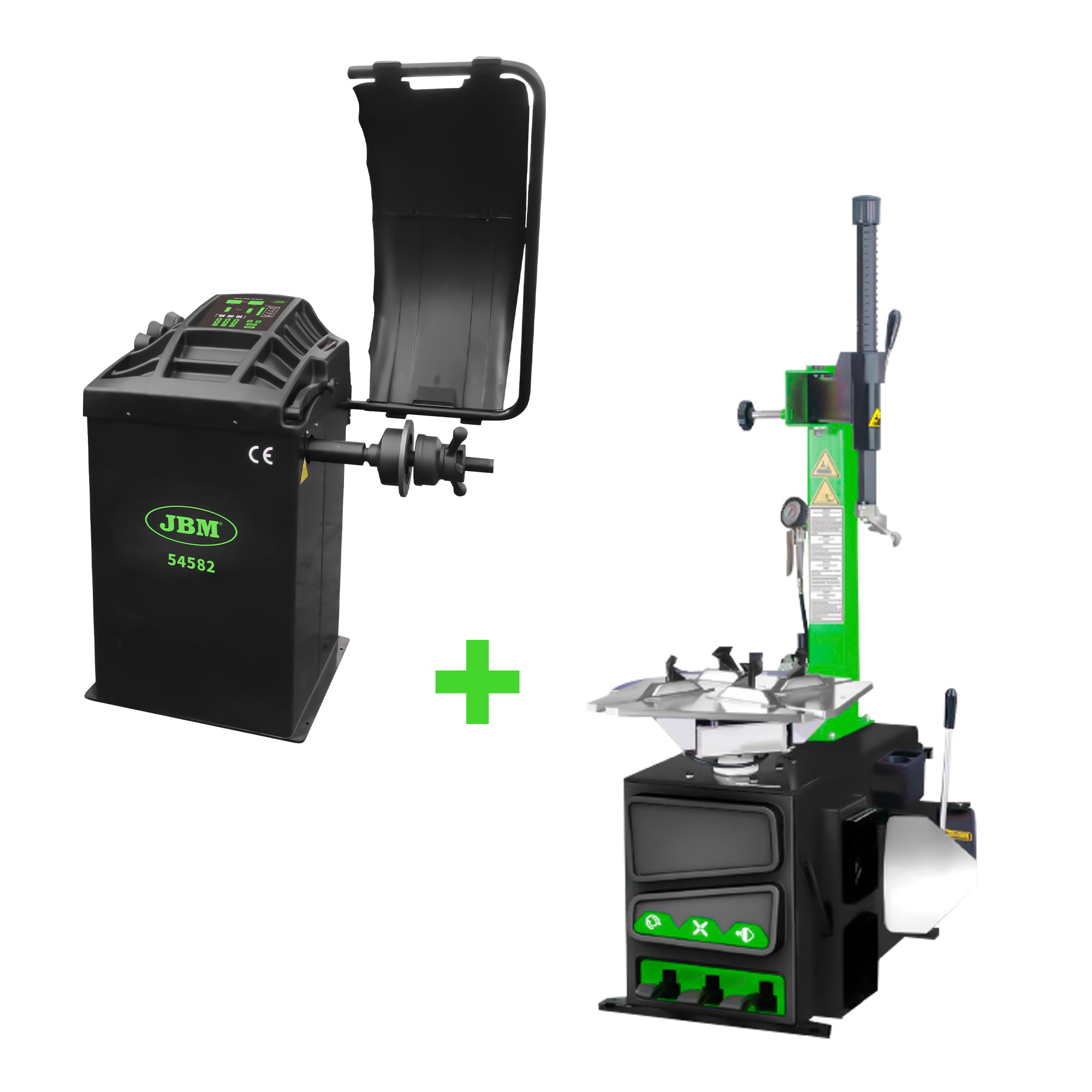 SMONTAGOMME SEMIAUTOMATICO CON BRACCIO OSCILLANTE 54581 + EQUILIBRATRICE DIGITALE JBM 54582+ SEDIA