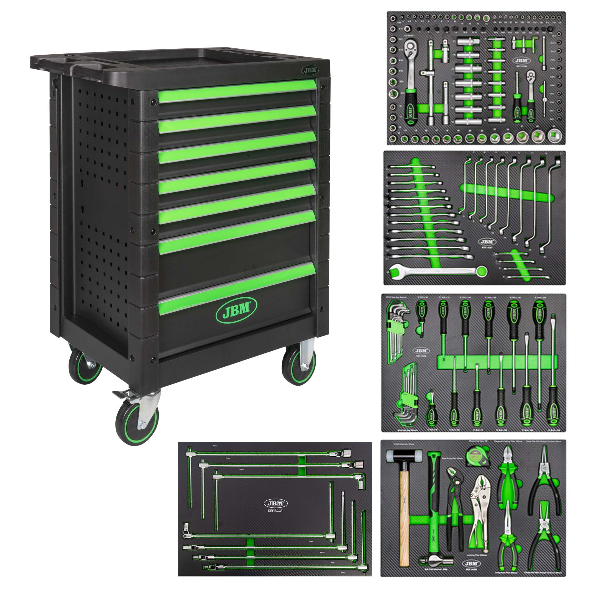 CARRELLO A 7 CASSETTI VERDE + 54481 MODULO DI 7 CHIAVI A BUSSOLA CON IMPUGNATURA A T JBM SERIE561