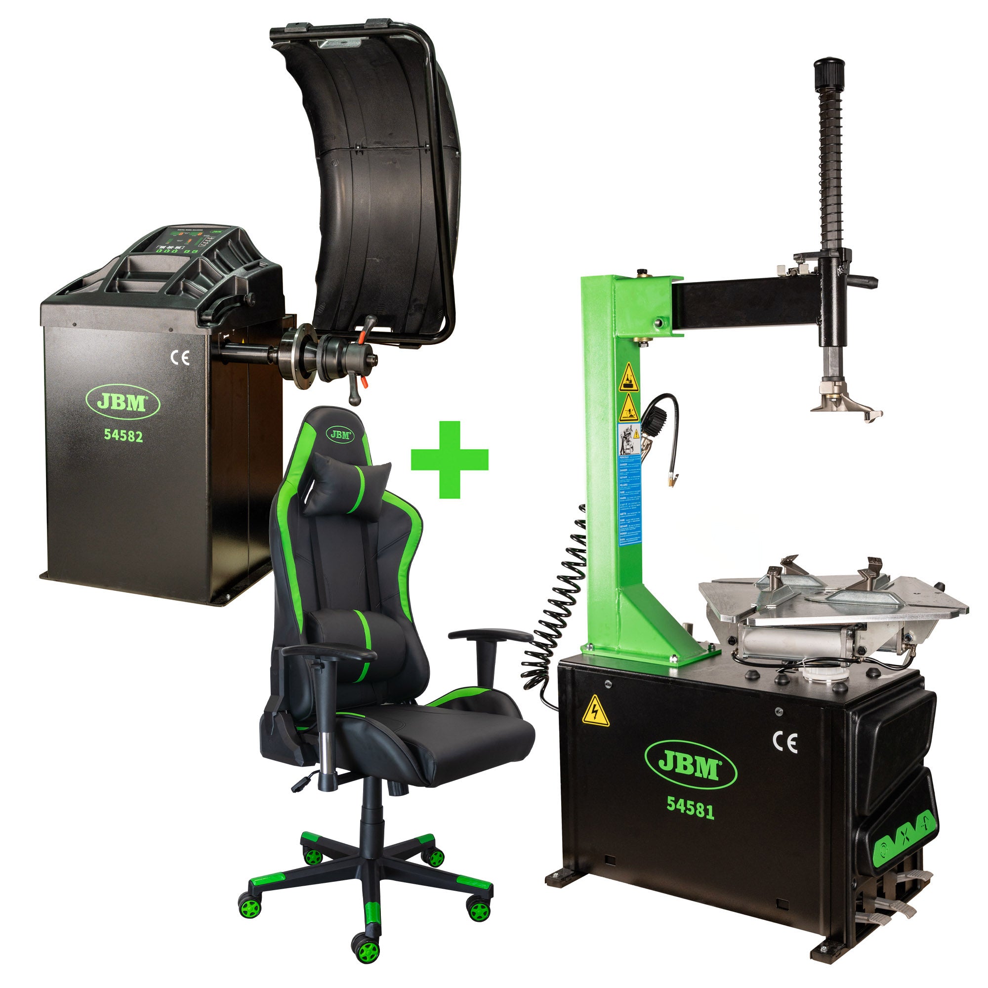 SMONTAGOMME SEMIAUTOMATICO CON BRACCIO OSCILLANTE 54581 + EQUILIBRATRICE DIGITALE JBM 54582+ SEDIA