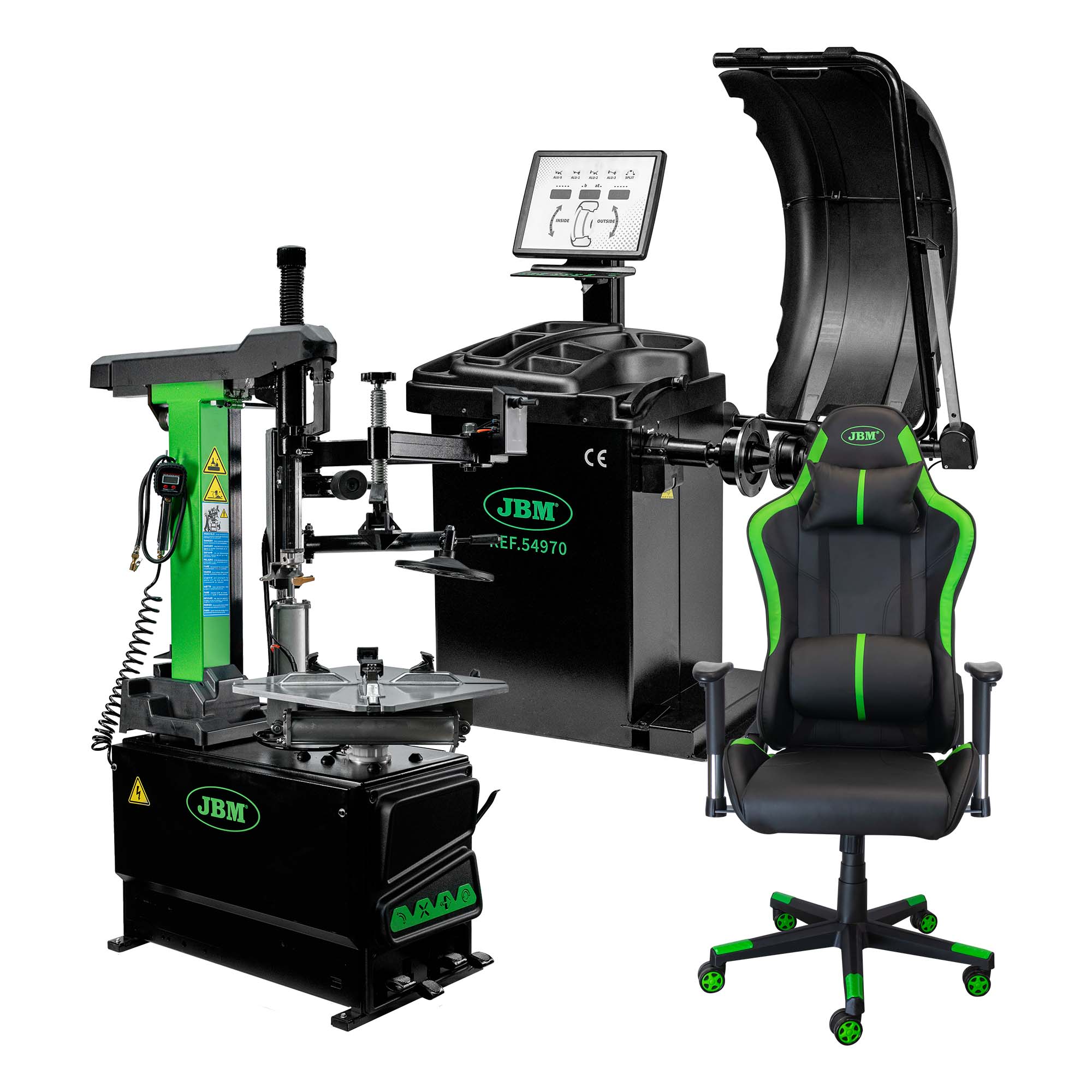 EQUILIBRATRICE DIGITALE PER RUOTE  54970  + 54964 SMONTAGOMME + 53956 SEDIA JBM