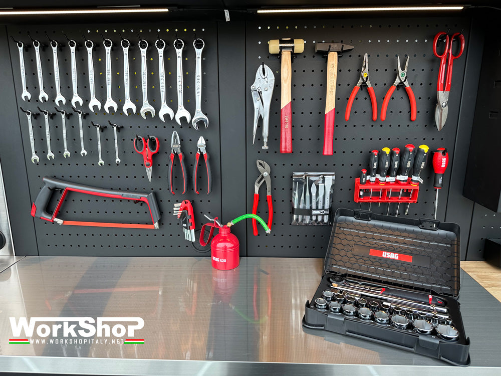 Arredo Officina Workshopitaly MPS 07 legno 2mt. Total Black + set 74 utensili Usag