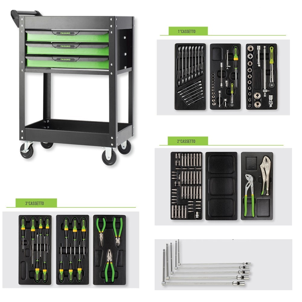 Carrello Porta Utensili Fasano Tools FG 101v  a 3 cassetti con Assortimento 123utensili FG 101V/AS123